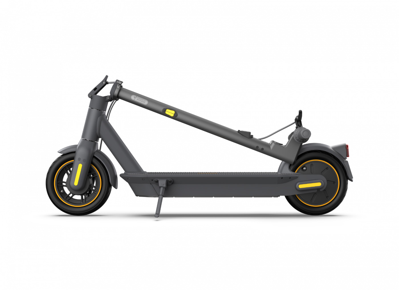 Une trottinette électrique grise avec des accents jaunes. Elle est sur fond blanc, montrant ses roues et son cadre en détail.
