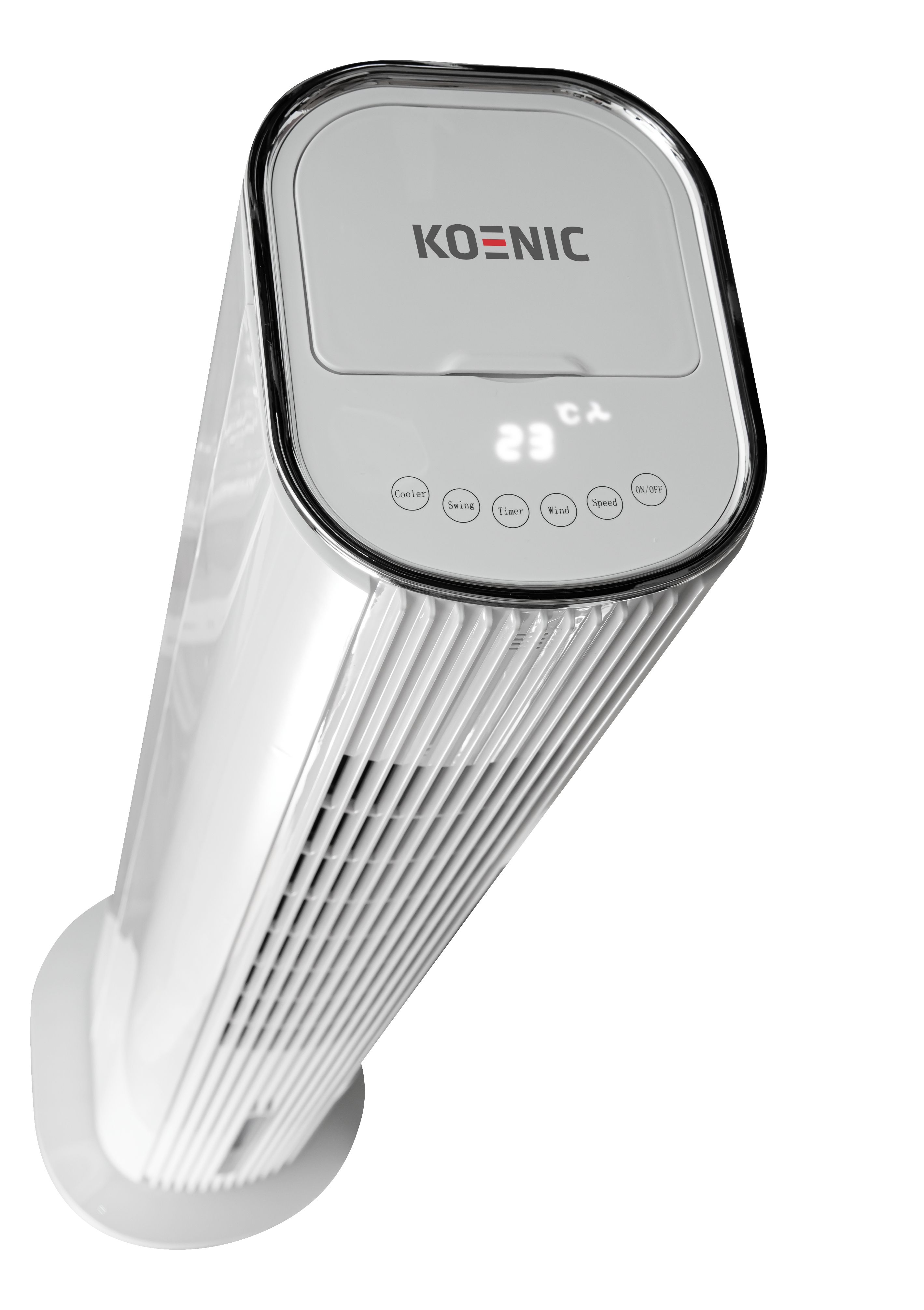 Weißer Koenic Turmventilator mit Digitalanzeige, Bedientasten und silberner Blende.