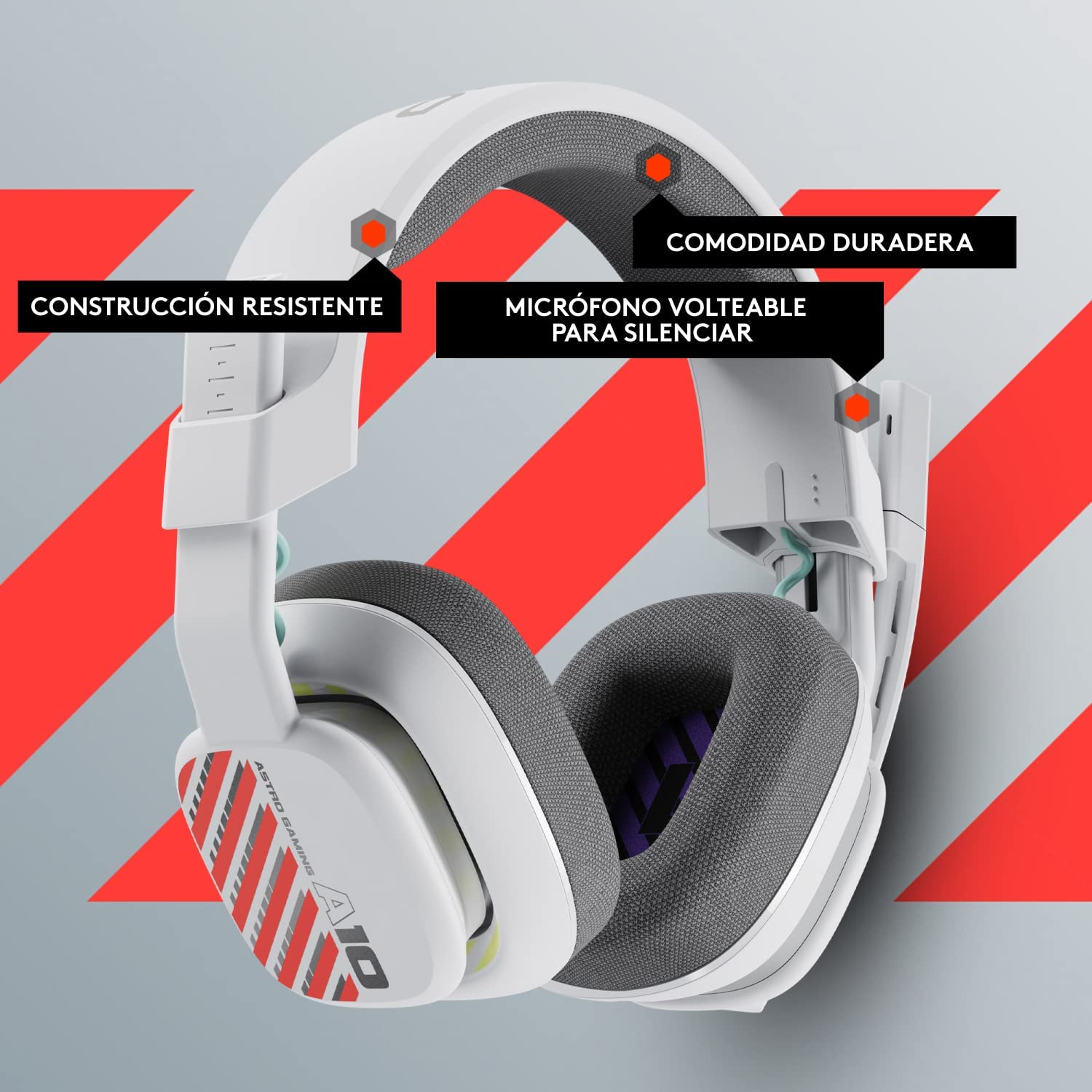 Auriculares gaming blancos con detalles rojos, mostrando etiquetas de texto para funciones.