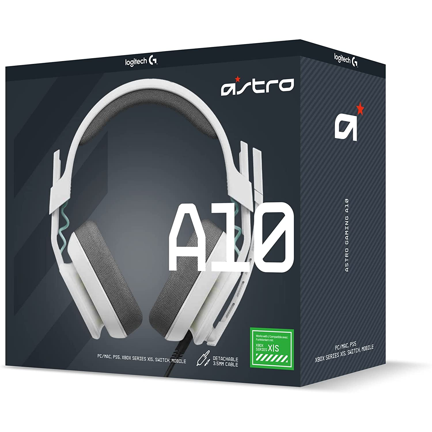 Caja de auriculares gaming Astro A10, auriculares blancos en la portada.