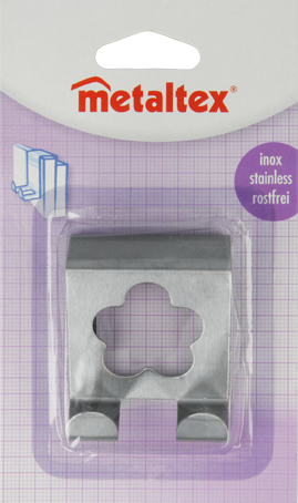 Metaltex horog, rozsdamentes acél. Átlátszó műanyagba csomagolva, lila és fehér háttérrel.
