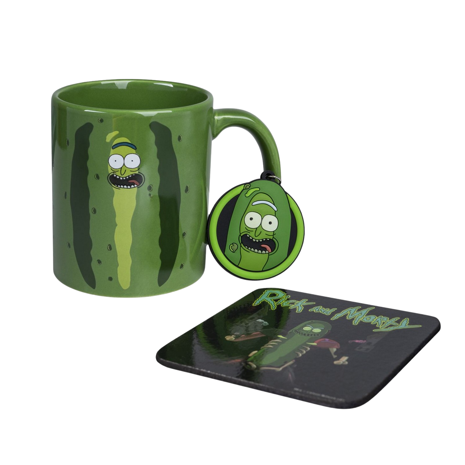 Taza, posavasos y colgante verdes de Rick y Morty.