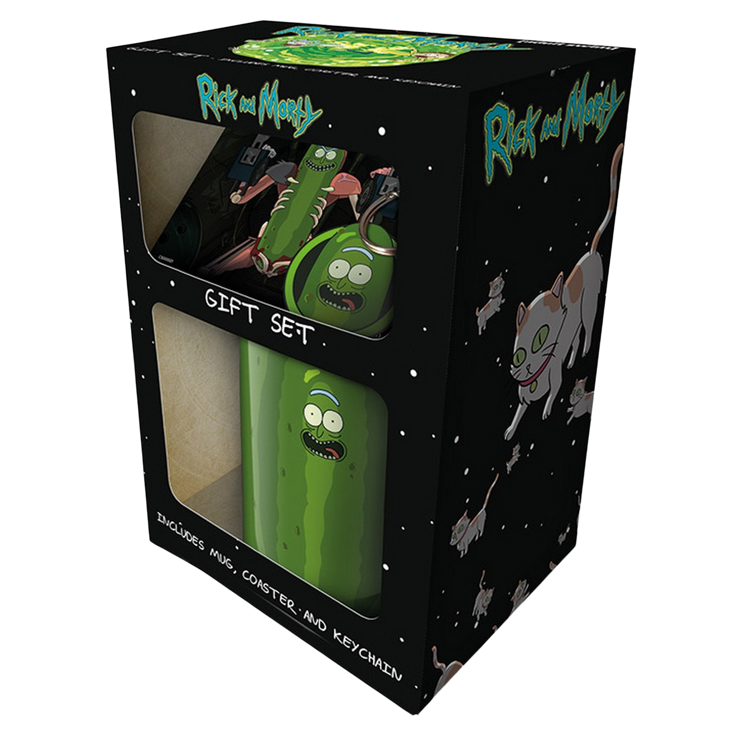 Pack Taza - Sherwood Pickle Rick Gift Set, Rick And Morty, Porcelana, Multicolor + Llavero + Posavasos