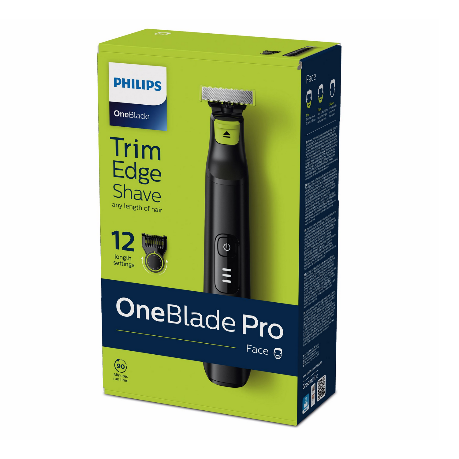 Una caja para un Philips OneBlade Pro, con una afeitadora y recortadora negra mostradas en la parte delantera.