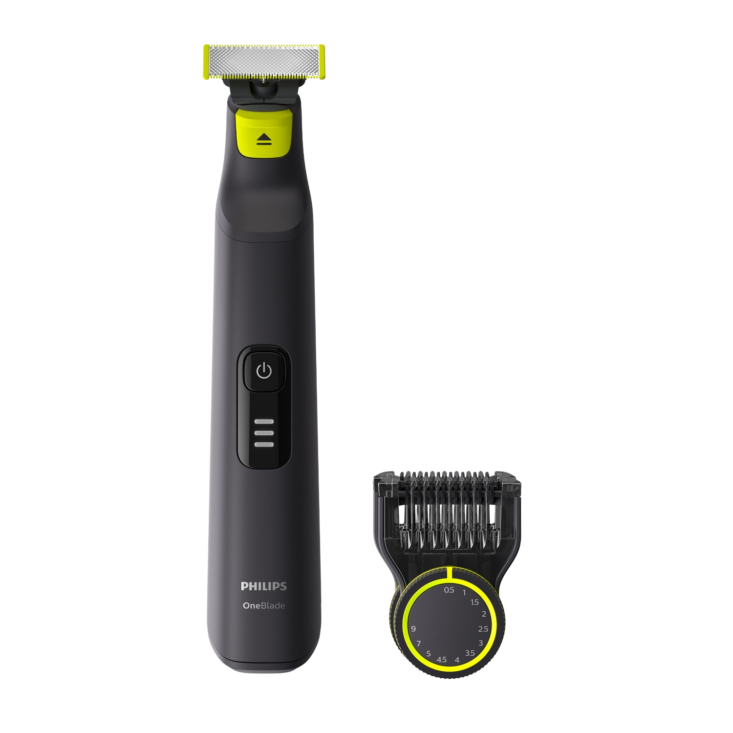 Philips OneBlade. Recortadora negra y gris con detalles amarillos y peine.