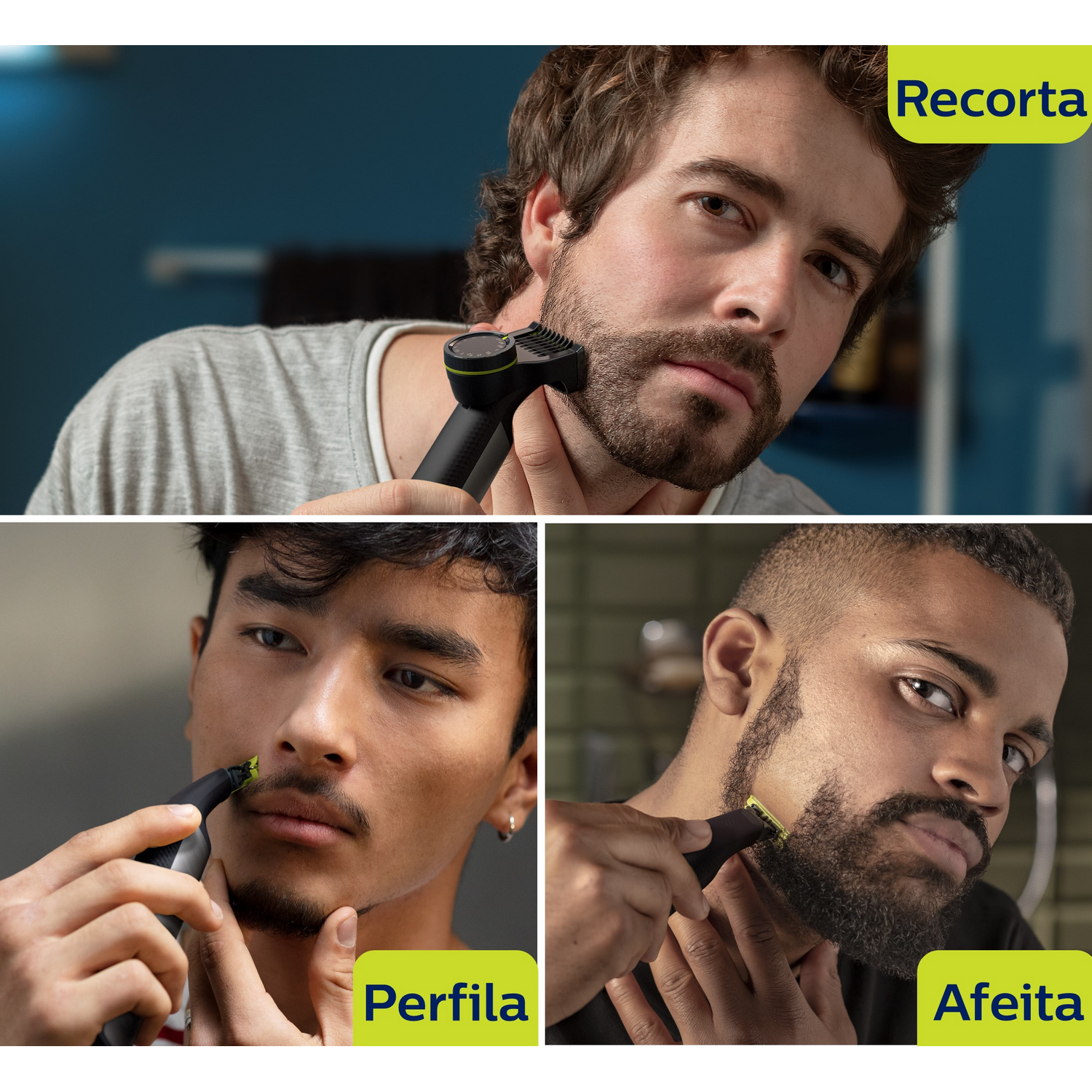Tres imágenes de hombres usando recortadoras de barba Philips, demostrando diferentes acciones de aseo.