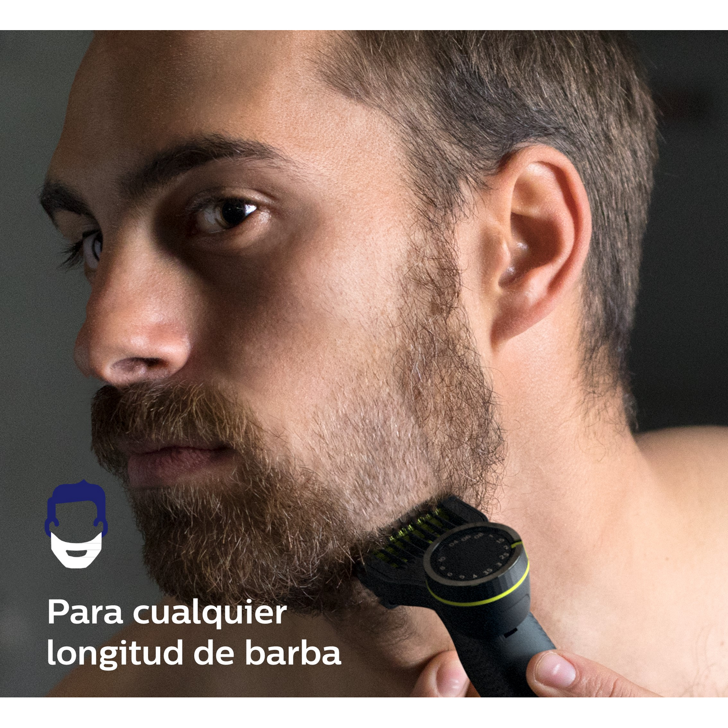 Hombre recorta barba con recortadora. Texto: "Para cualquier longitud de barba".