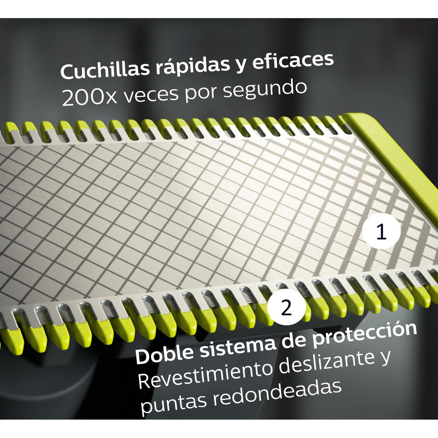 Primer plano de cuchillas de afeitadora con texto, destacando características de protección y velocidad.