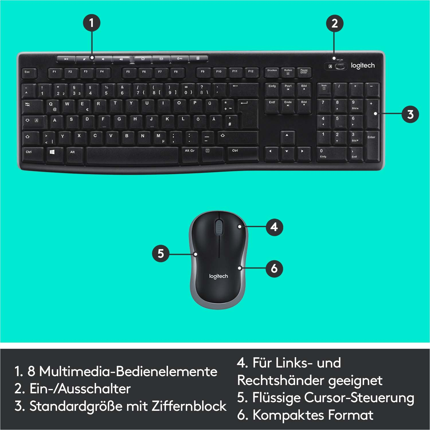 Tastatur kabellos, Set, Maus Schwarz MK270, LOGITECH &