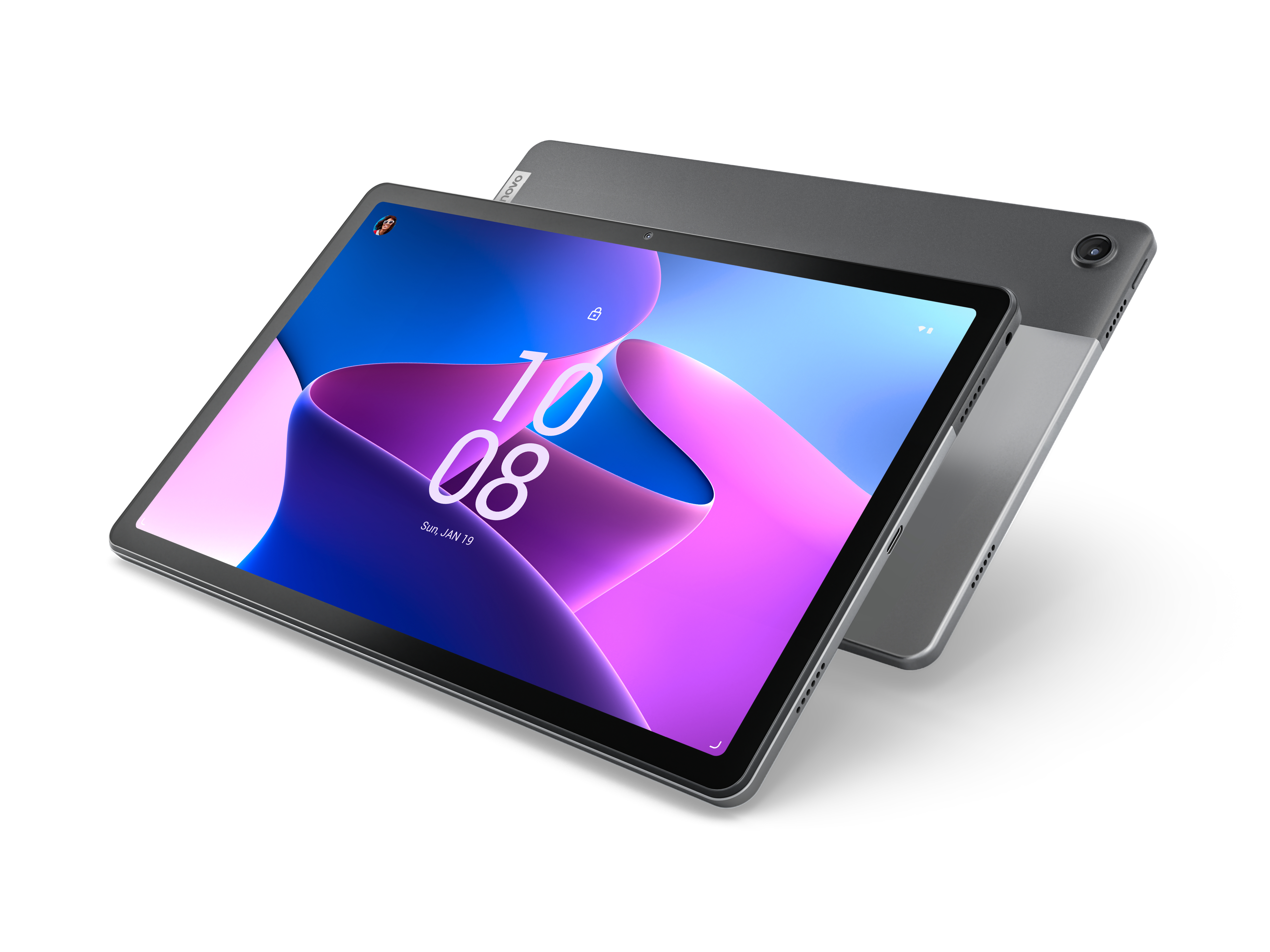 Ein graues Lenovo-Tablet mit schwarzem Bildschirm, der Zeit und Datum anzeigt, auf weißer Oberfläche.