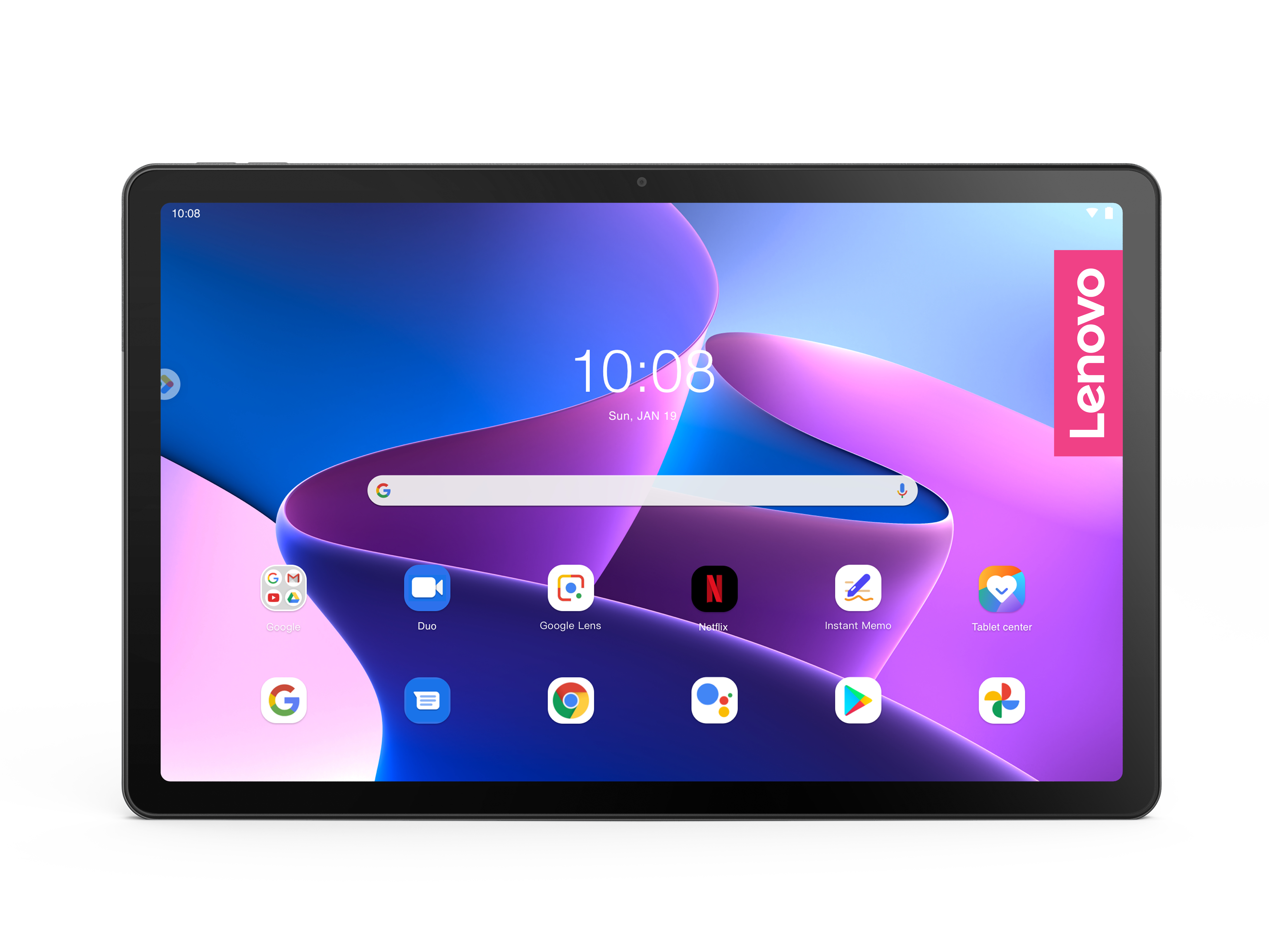 Schwarzes Lenovo-Tablet mit farbigem Bildschirm, App-Icons, und Uhrzeit.