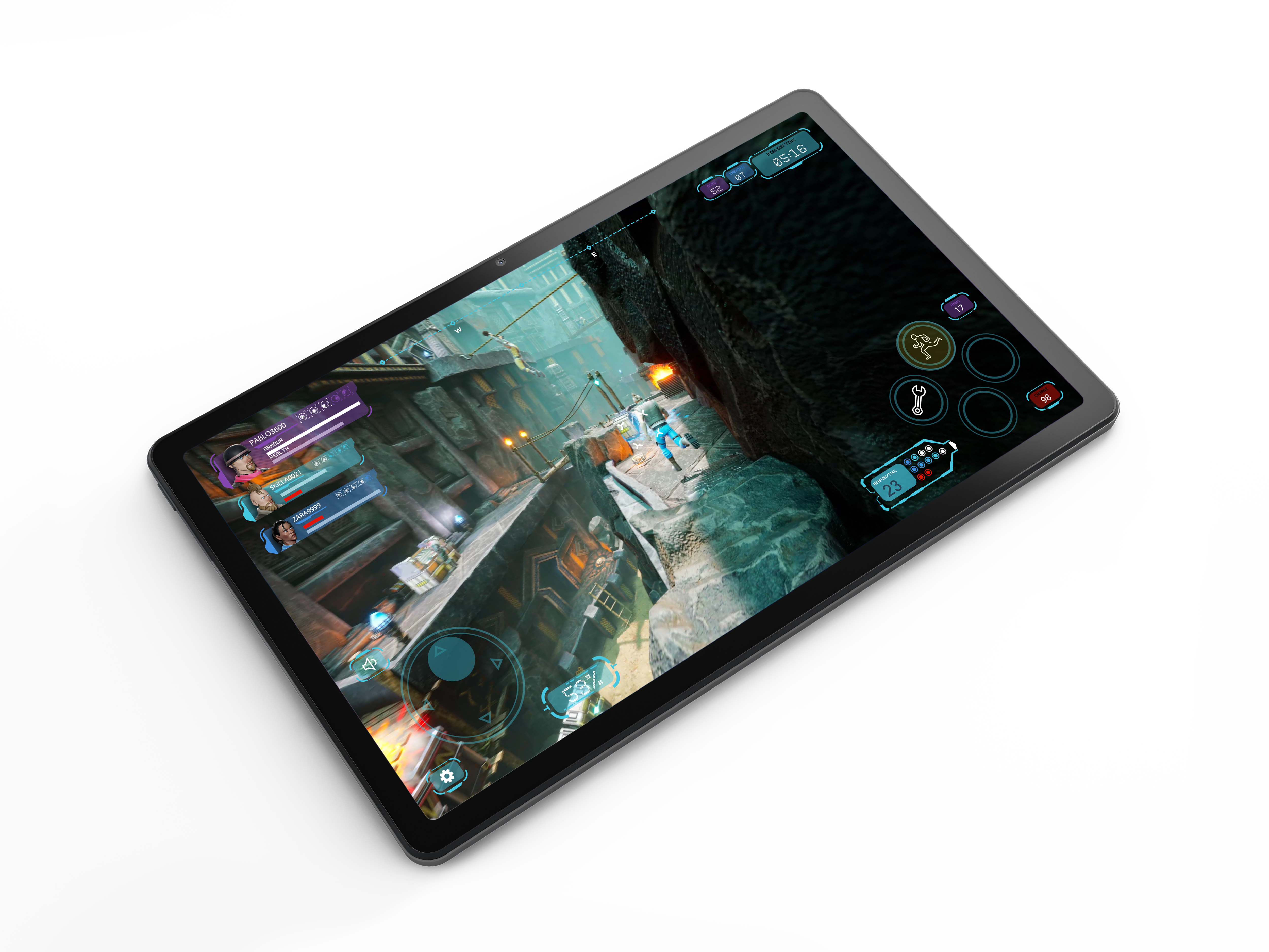 Ein Tablet, das eine Spielszene anzeigt. Dunkle Umgebung, Personen im Spiel.