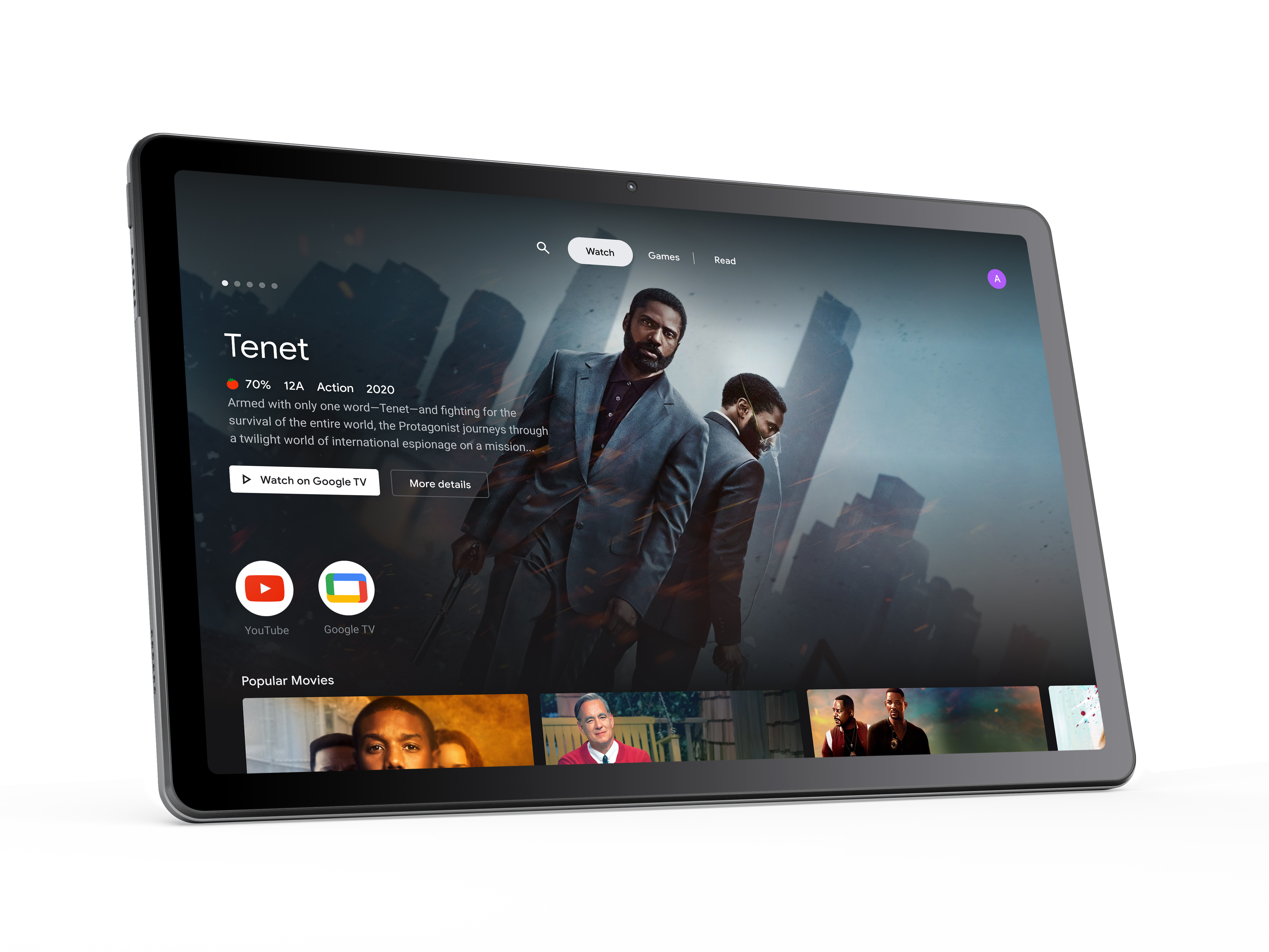 Tablet, das einen Film auf einem Streaming-Dienst anzeigt. Der Film ist Tenet. Das Tablet ist schwarz.