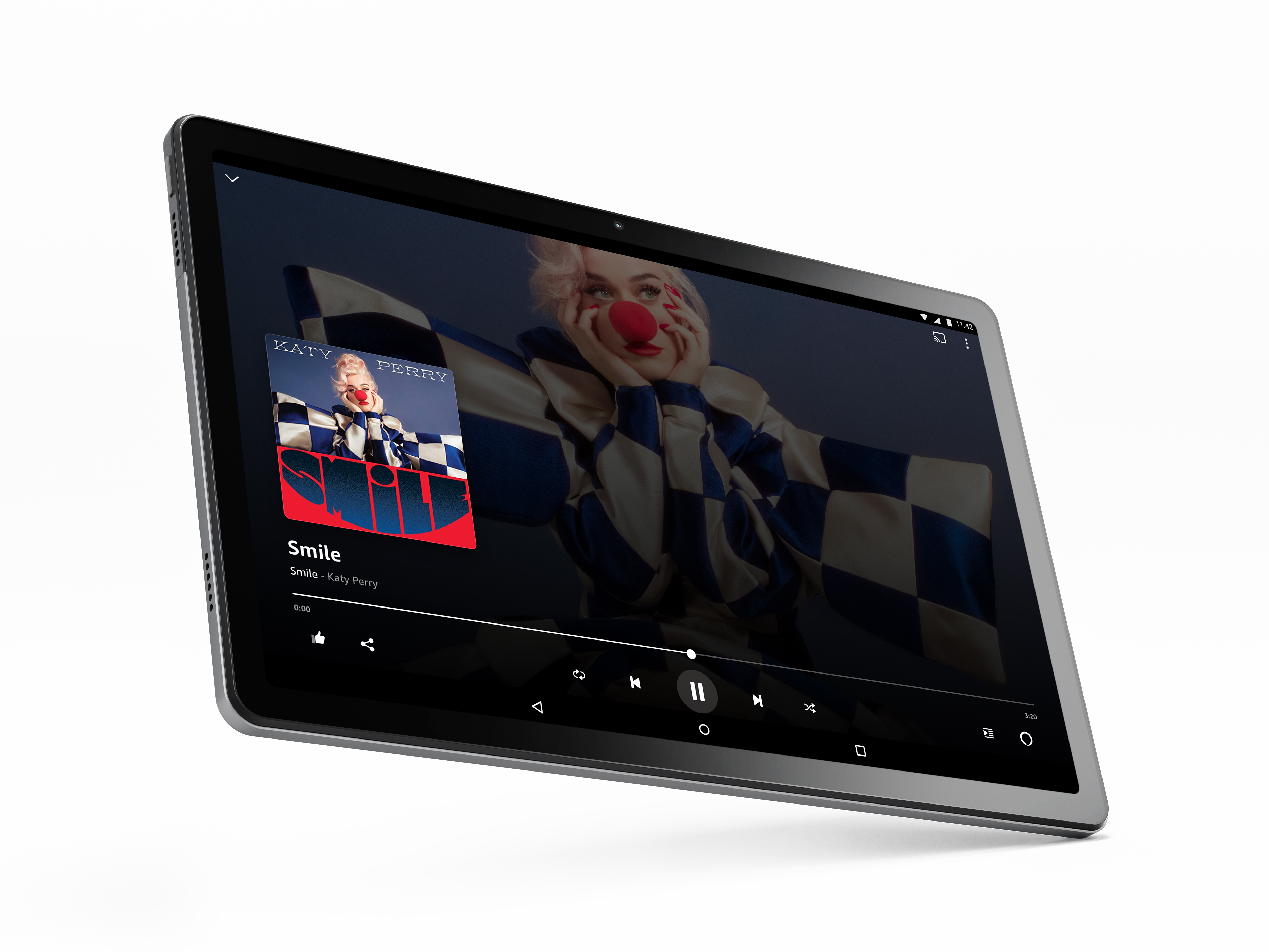 Ein Tablet zeigt eine Musik-App, die einen Katy Perry-Song abspielt. Der Bildschirm zeigt das Albumcover. Weißer Hintergrund.