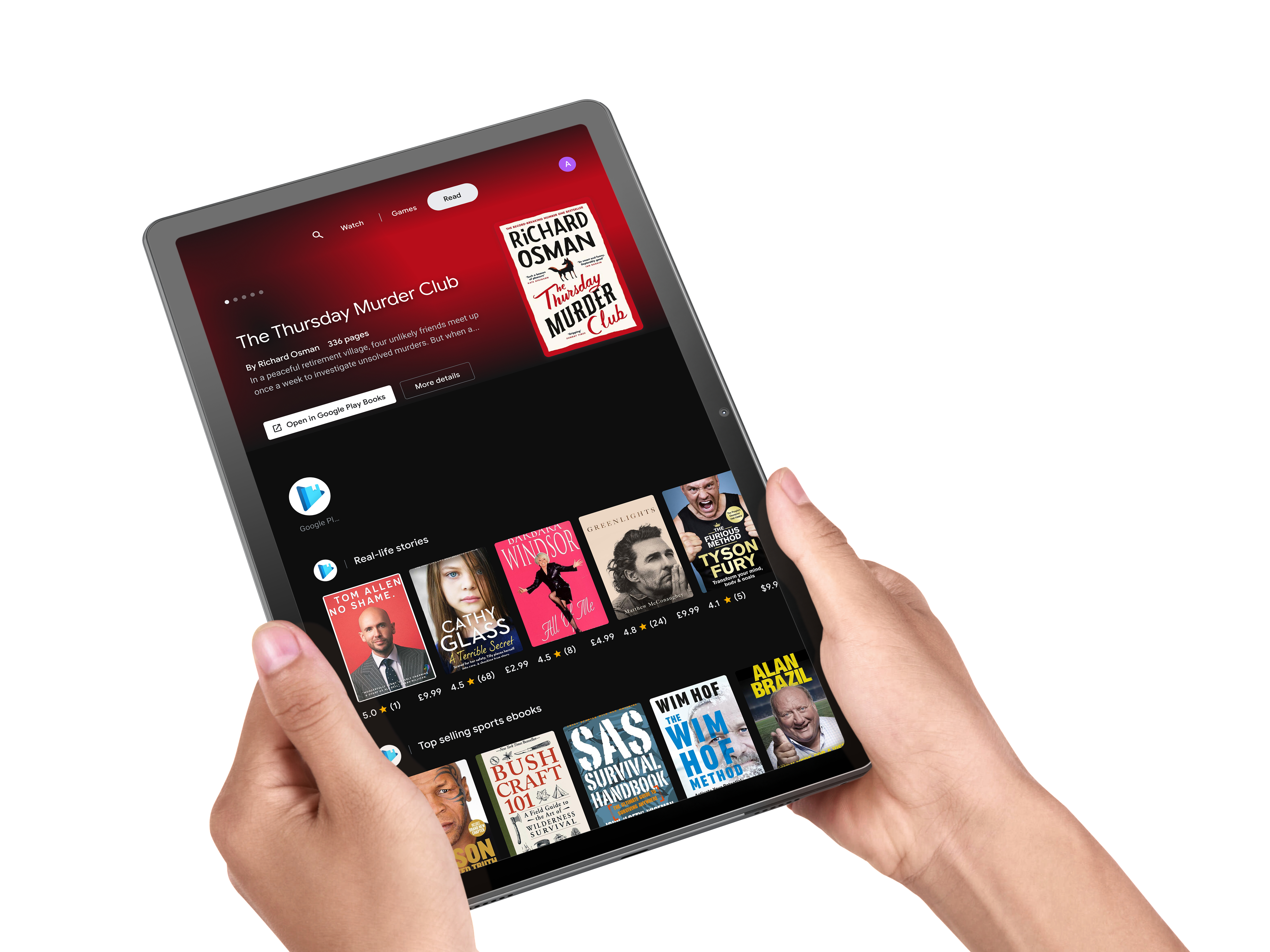 Hände halten ein Tablet. Ein Buchcover ist auf dem Bildschirm zu sehen.