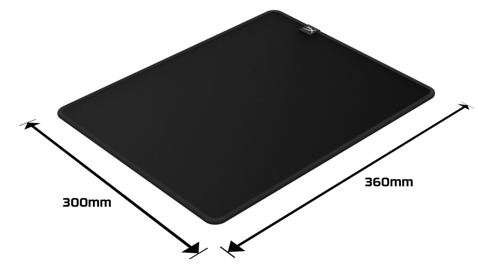 Un tapis de souris rectangulaire noir. Les dimensions sont de 300 mm x 360 mm. Le tapis a un logo dans le coin.