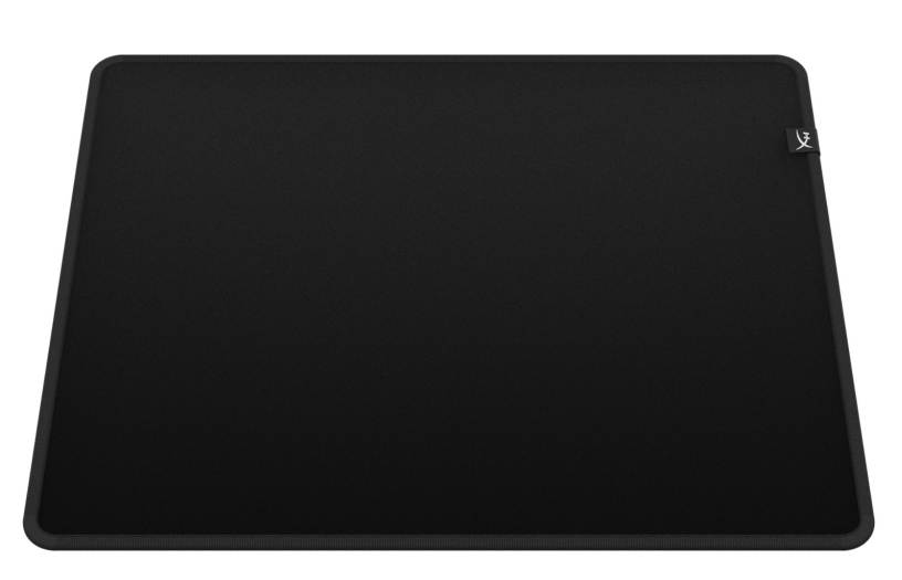 Tapis de souris noir, vue de dessus, avec une surface texturée et un logo.