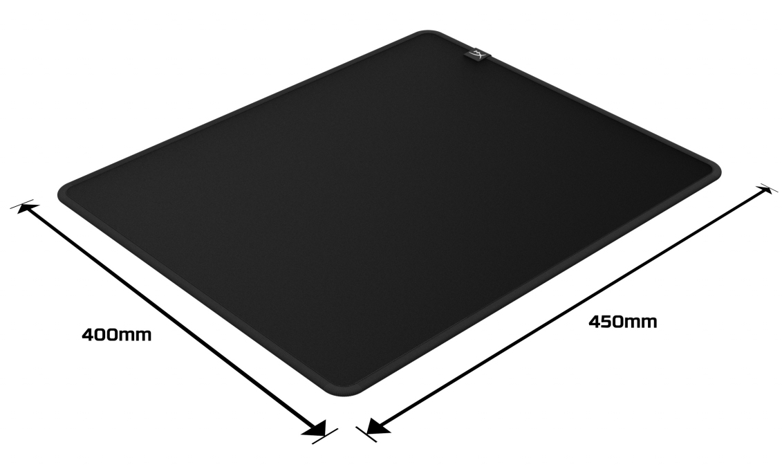 Tapis de souris noir avec dimensions : 400 mm x 450 mm, bord noir avec un logo dans le coin.
