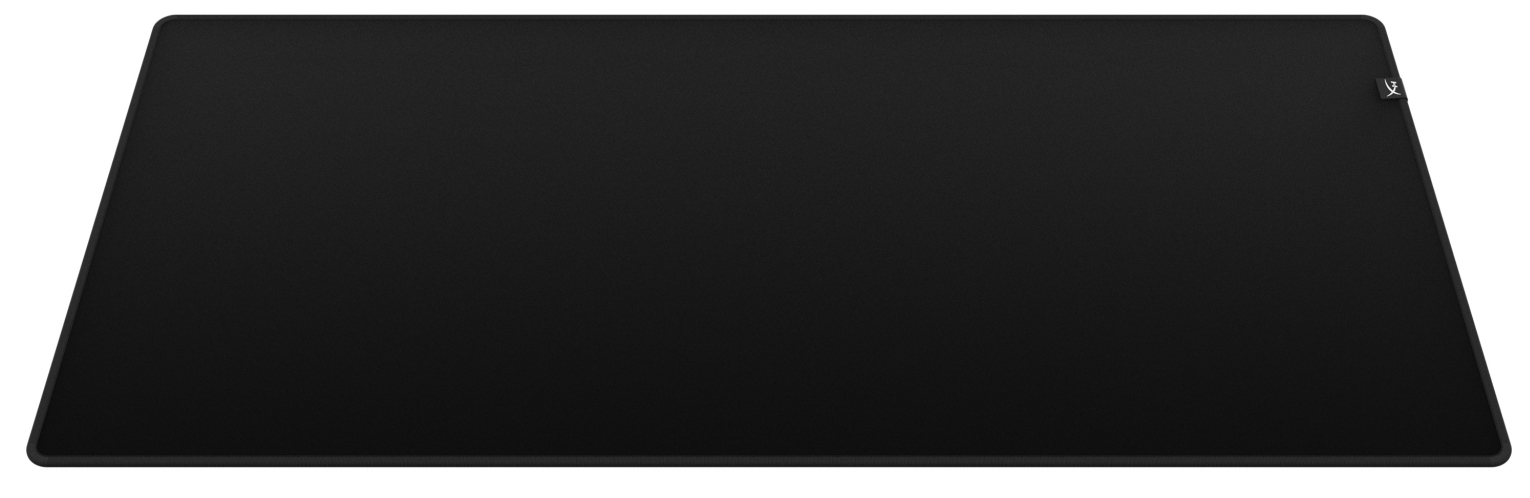 Black large gaming mousepad. The surface is plain black. The side has a small white logo.
