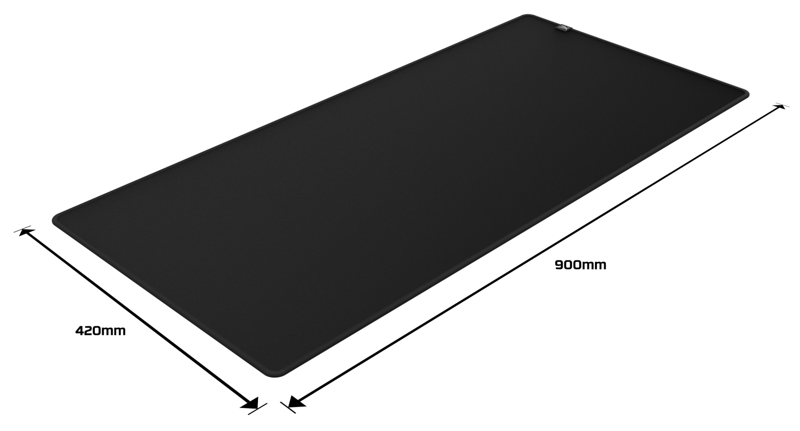 Black, rectangular mousepad with dimensions 420mm x 900mm, white background.