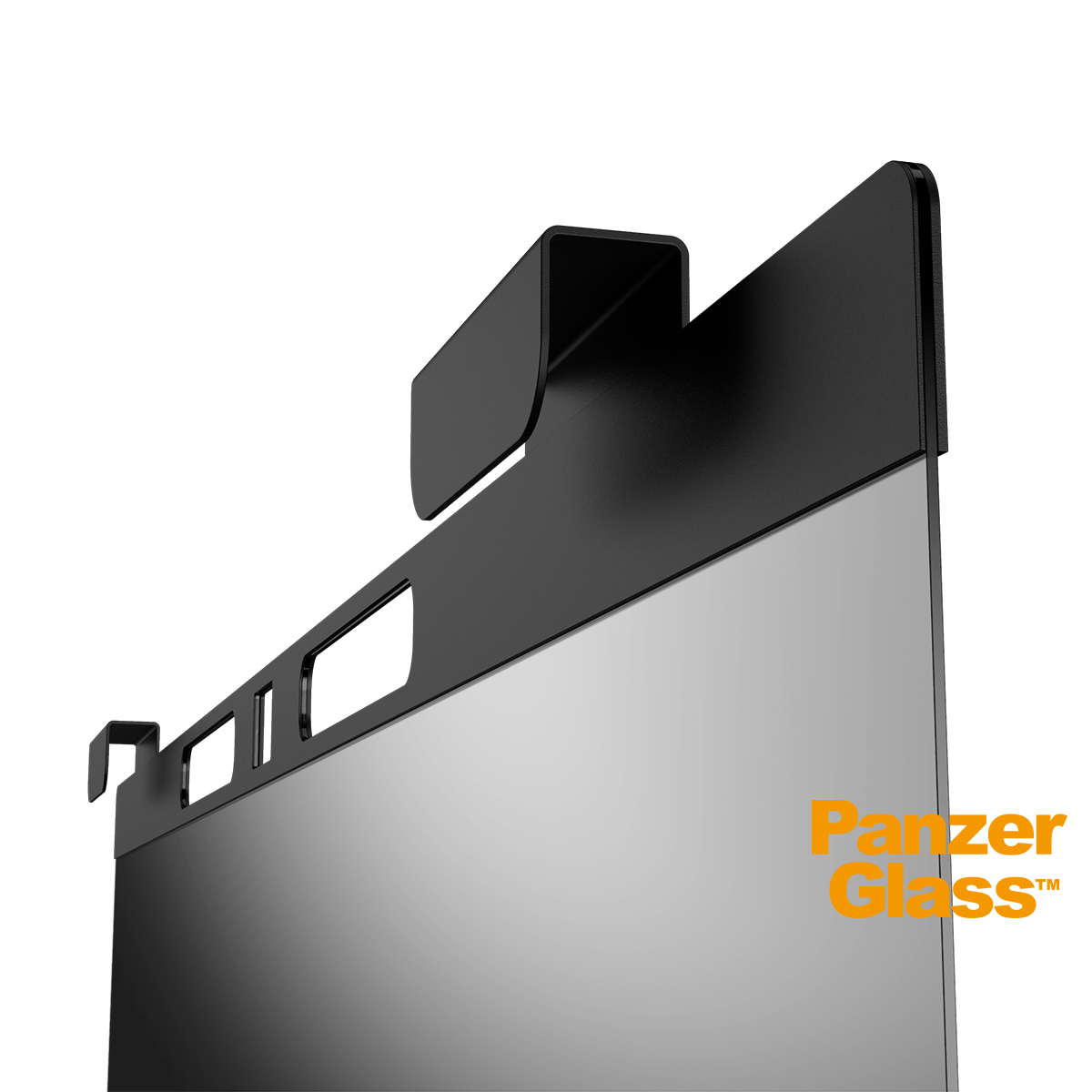 Ein schwarzer Displayschutz, montiert auf einem Display mit PanzerGlass Logo.