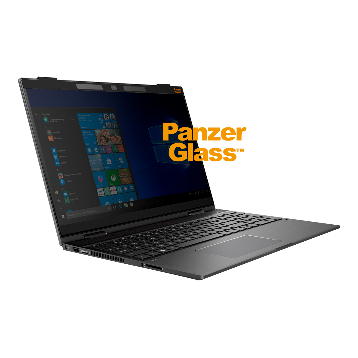 Ein schwarzer Laptop mit sichtbarem Bildschirm, der die Windows-Oberfläche und das PanzerGlass-Logo anzeigt.