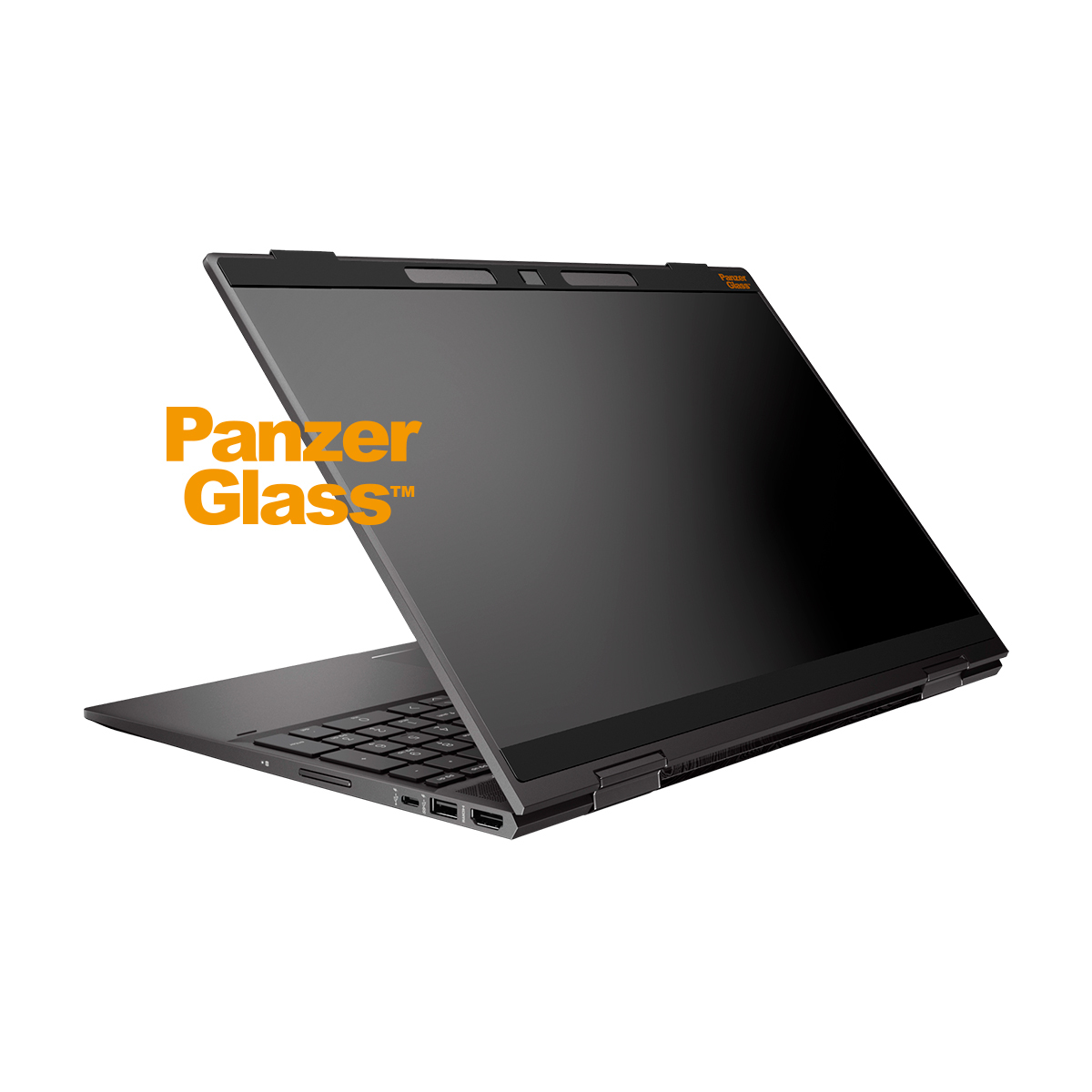 Schwarzer Laptop mit PanzerGlass-Logo, geöffnet in einem Winkel, auf weißer Oberfläche.