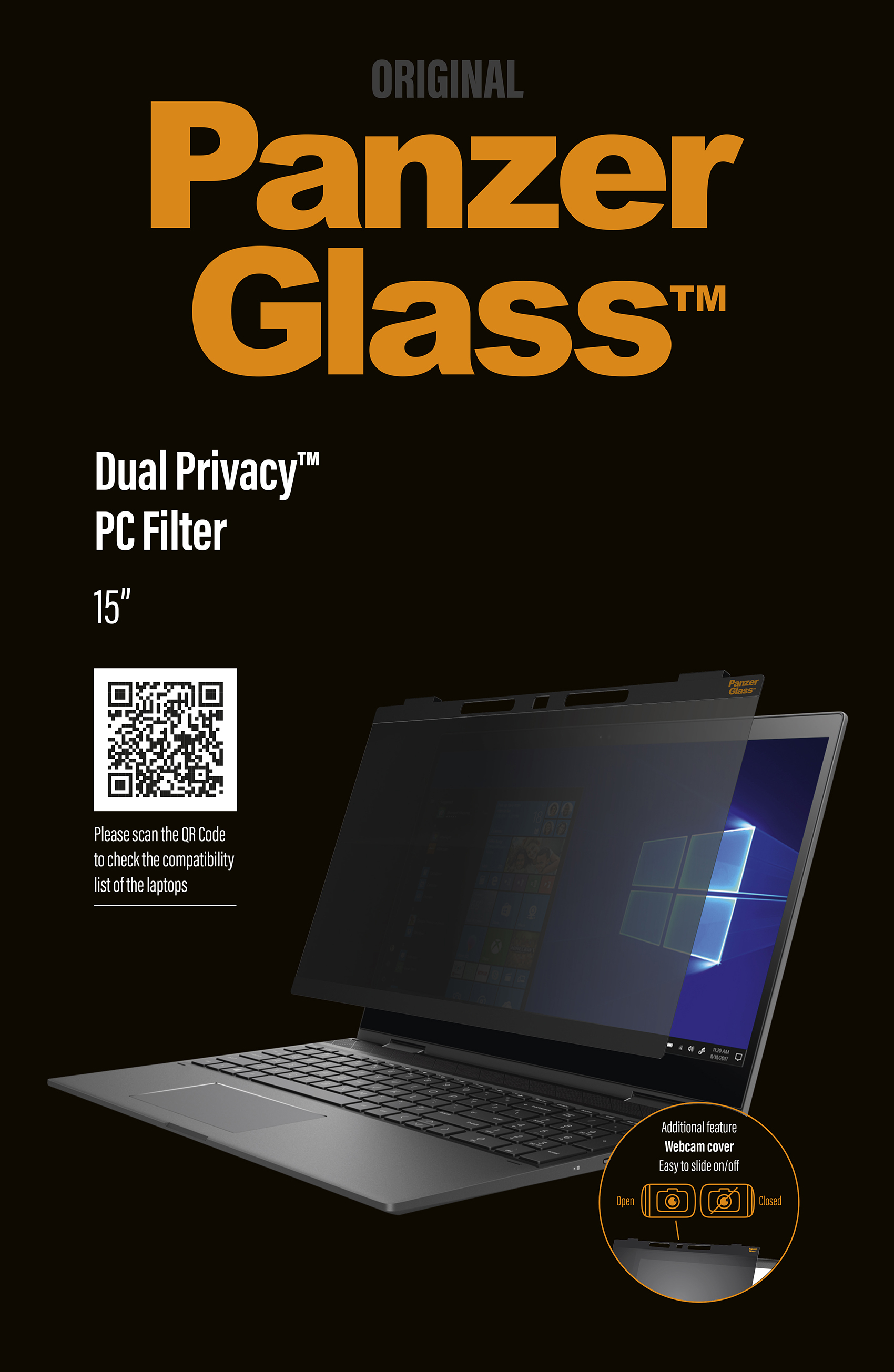 Laptop mit Blickschutzfilter, QR-Code und Text.