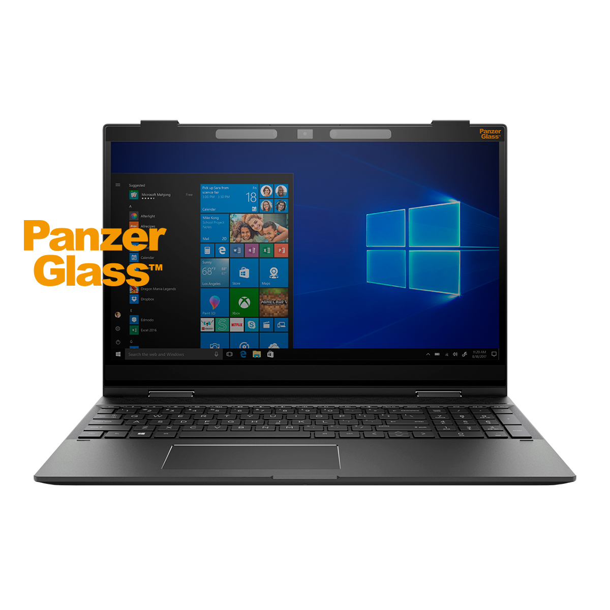 Schwarzer Laptop, offen, auf weißer Oberfläche, mit Fensteranzeige.