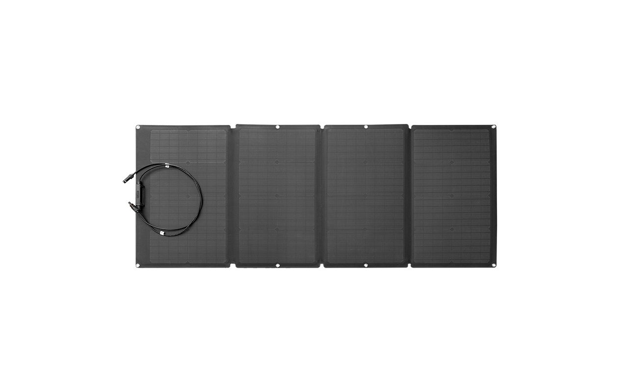 Faltbares Solarpanel mit Anschlusskabeln, schwarze Farbe.