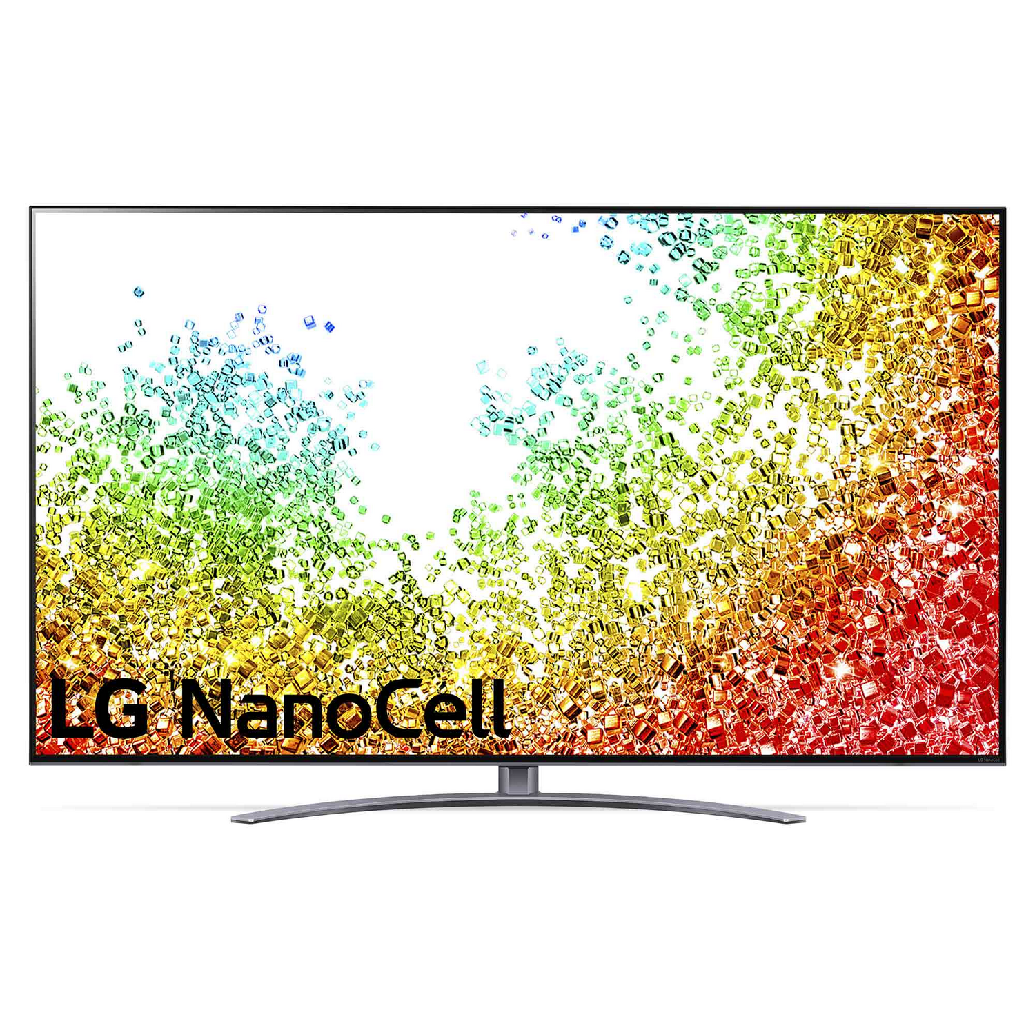 Una pantalla de TV grande con patrones abstractos coloridos y el logotipo de LG NanoCell.