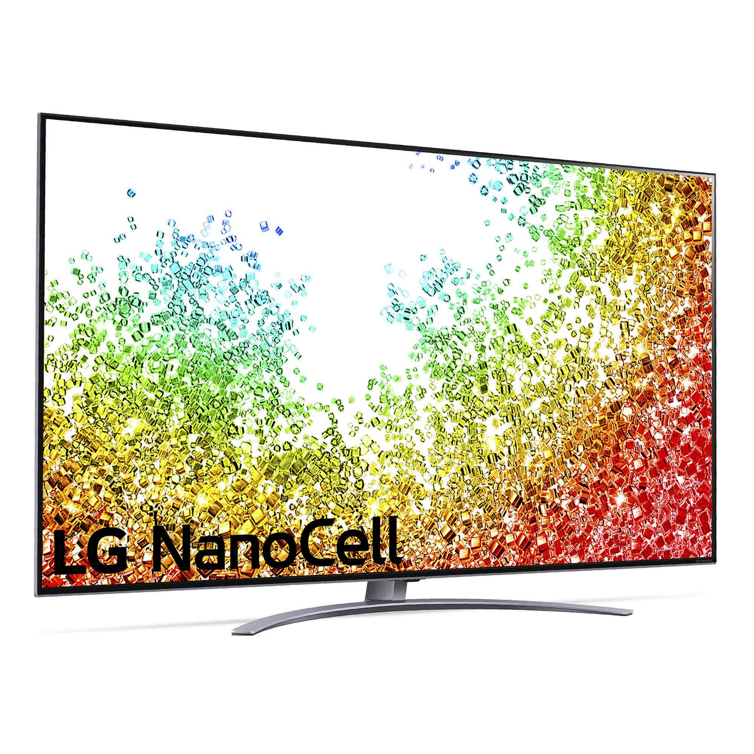 Un televisor LG Nanocell que muestra un patrón abstracto colorido sobre un fondo blanco.