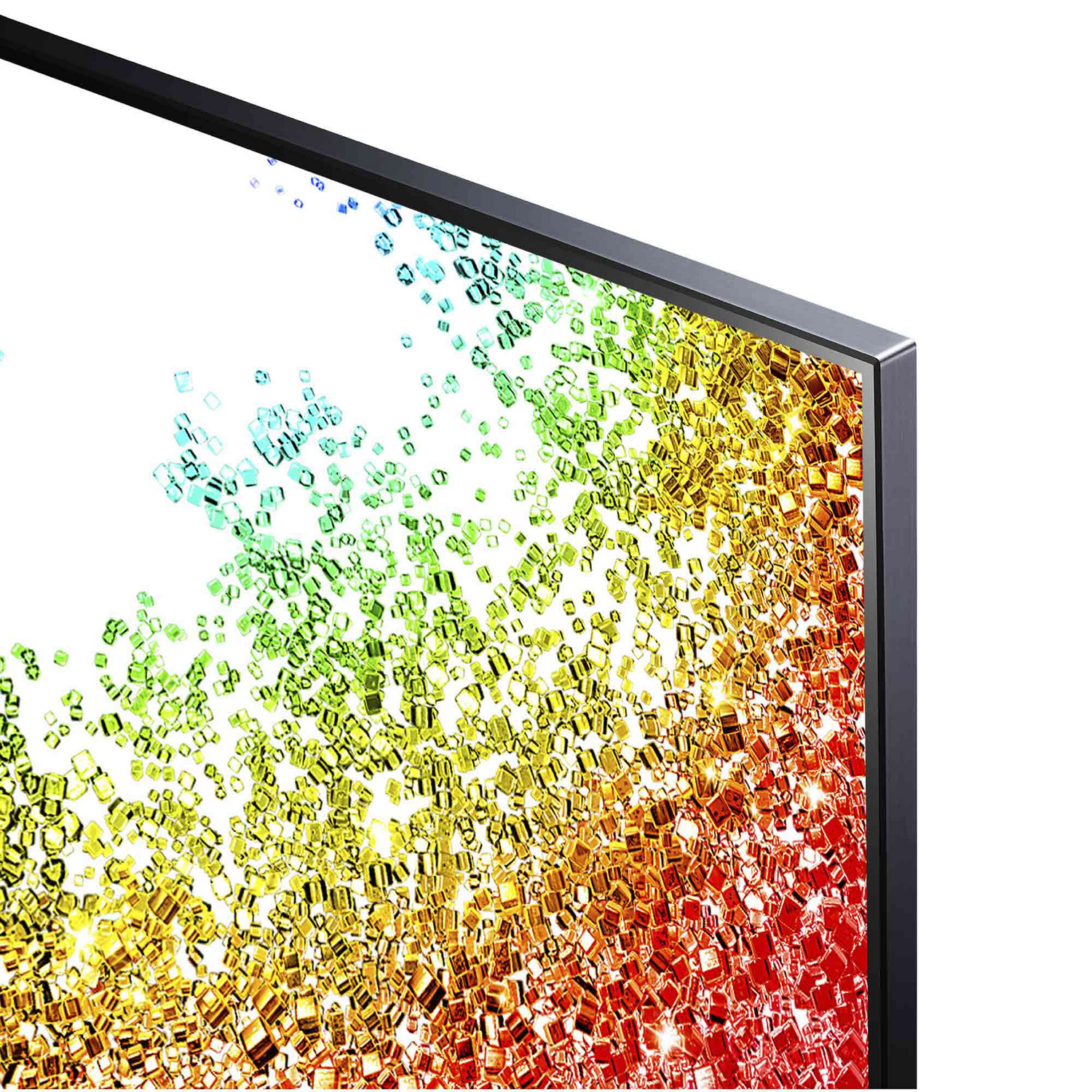 Vista de esquina de una pantalla de TV que muestra patrones pixelados coloridos.