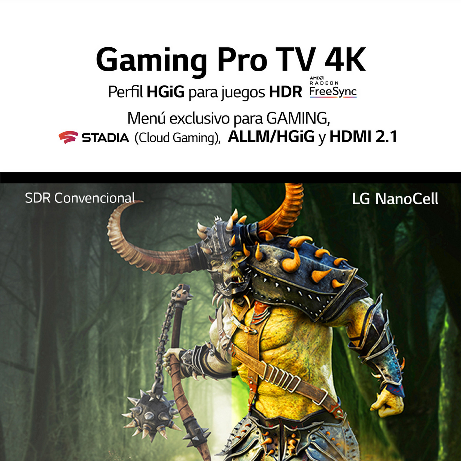 Una pantalla de TV para juegos que muestra un personaje guerrero con una espada. La pantalla está dividida en dos.