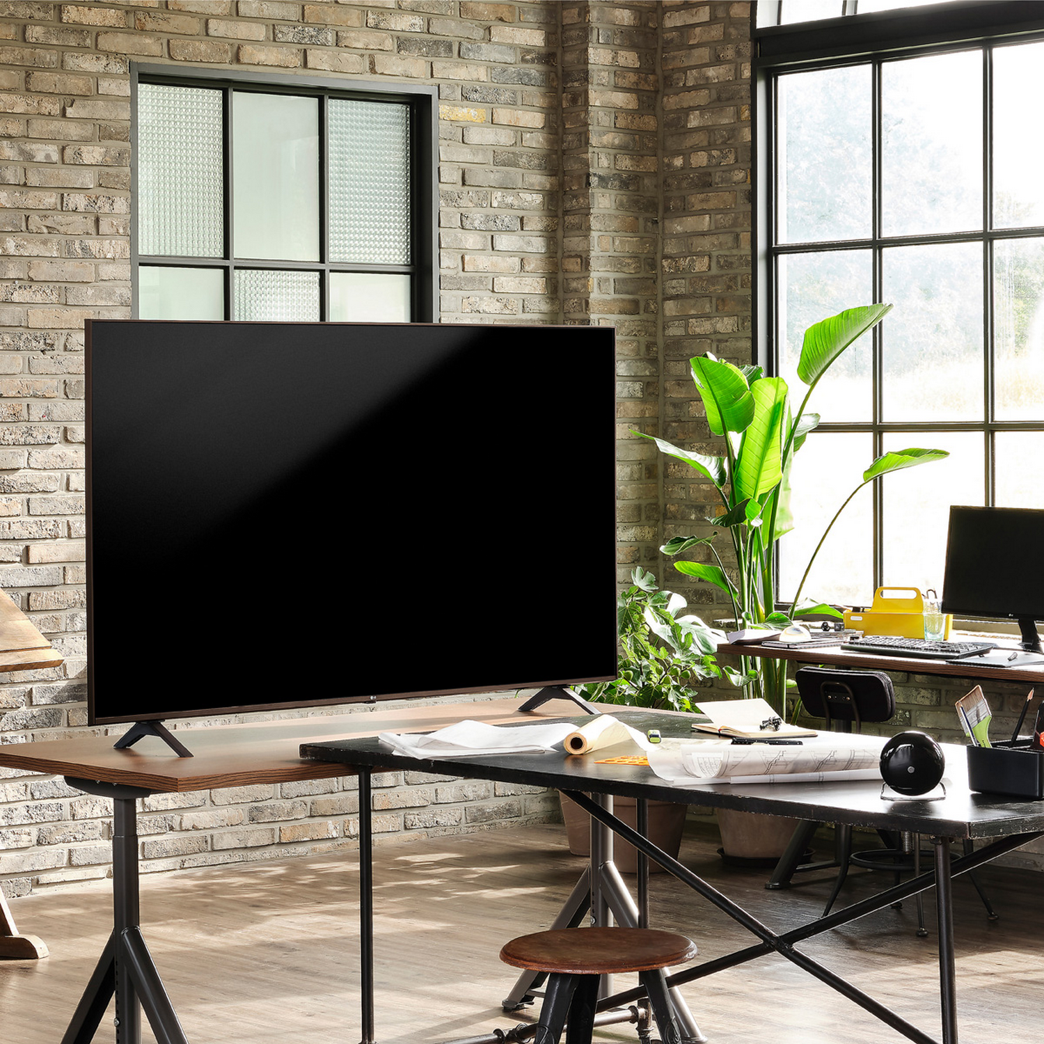 Una sala de estar moderna con un televisor y un escritorio con una computadora y plantas.