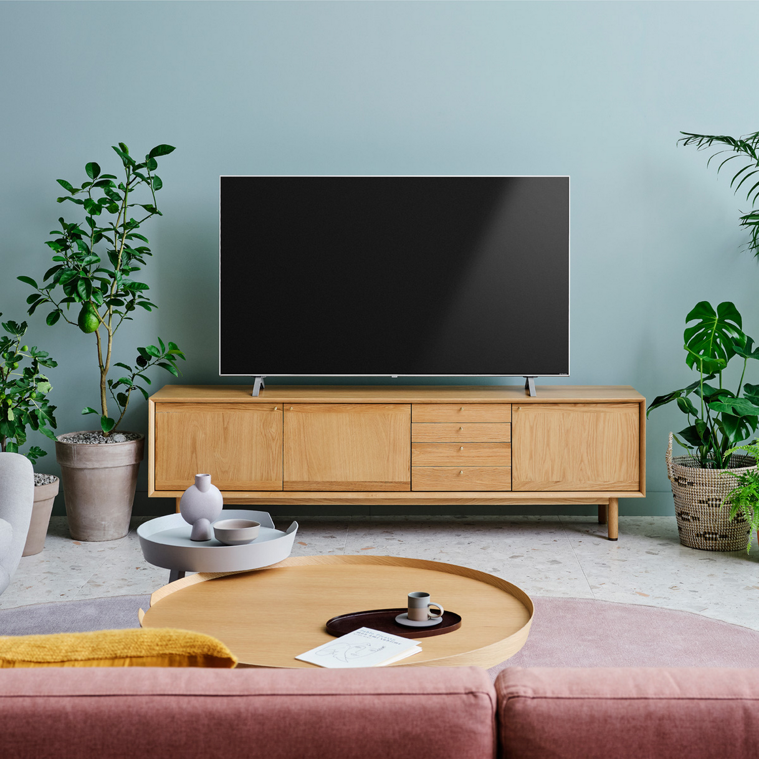 Una sala de estar moderna con un televisor en un mueble de madera. Hay plantas, una mesa de centro y un sofá.