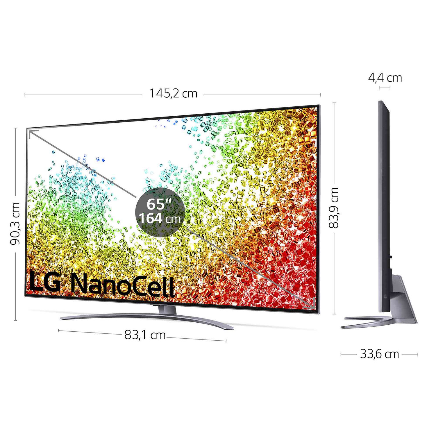 TV LG NanoCell, dimensiones mostradas: 65 pulgadas, 145,2 cm de ancho.