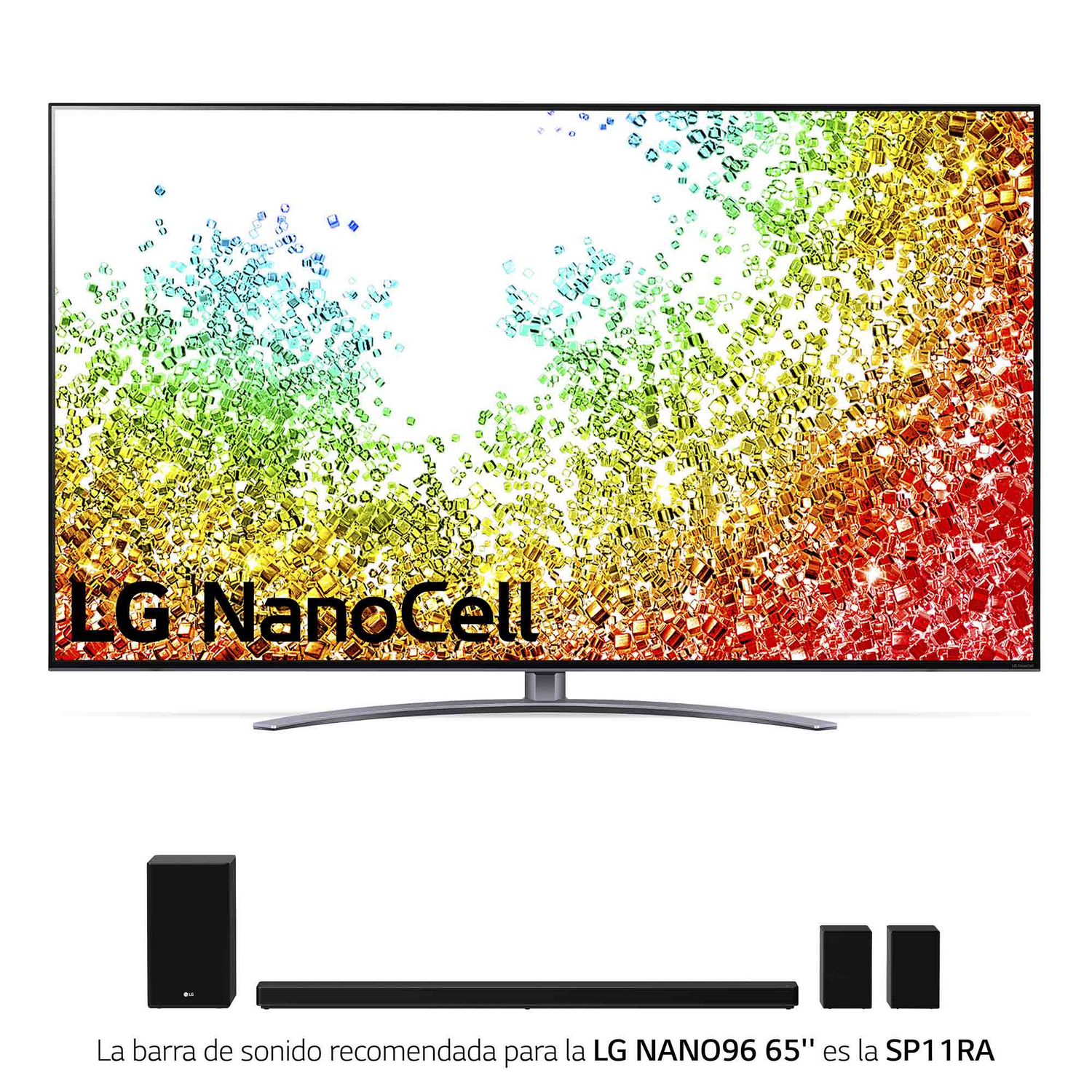 Un televisor LG con una pantalla de color amarillo dorado. Una barra de sonido y dos altavoces están colocados debajo del televisor.