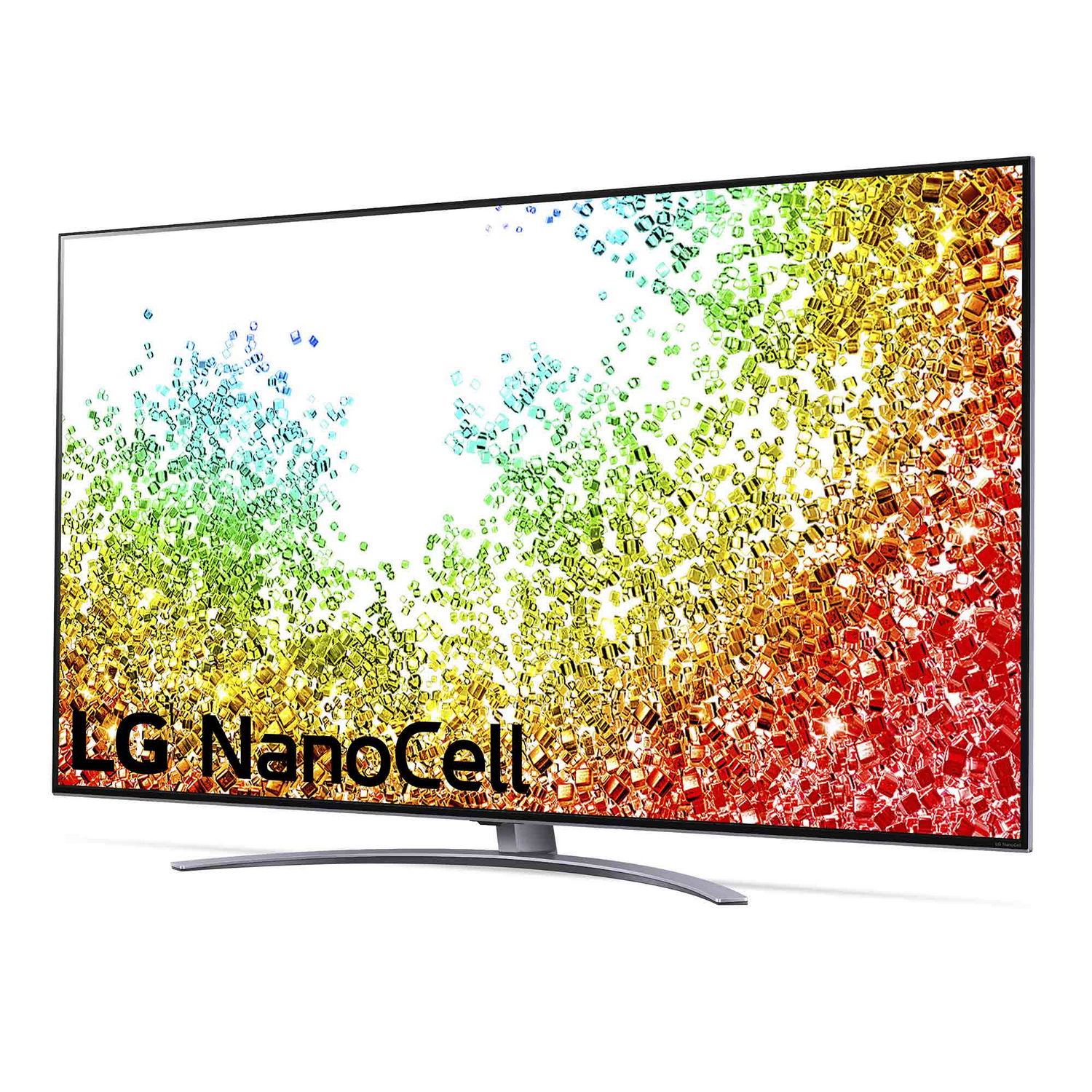 Un televisor LG NanoCell grande que muestra un patrón abstracto colorido en la pantalla.