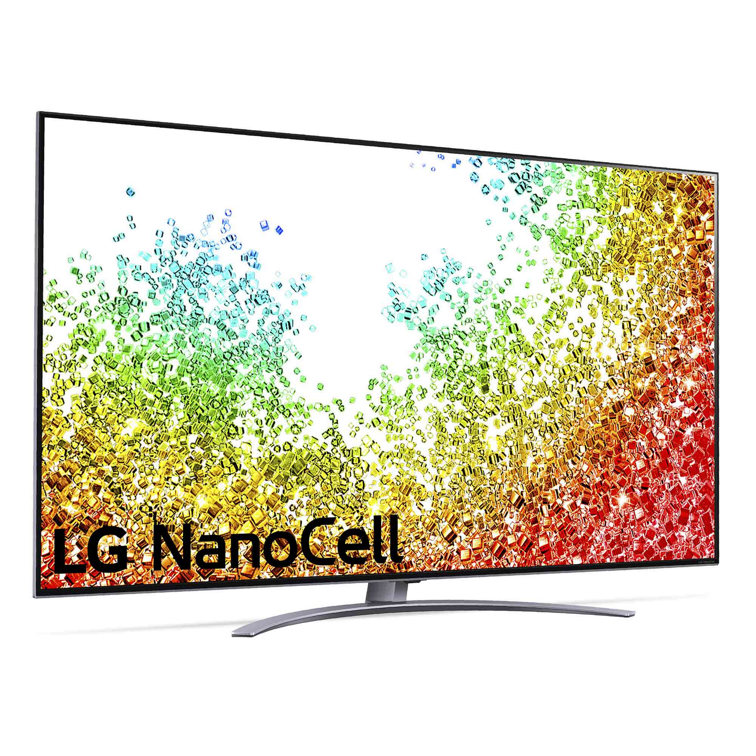 TV LG NanoCell sobre fondo blanco con una pantalla abstracta colorida.