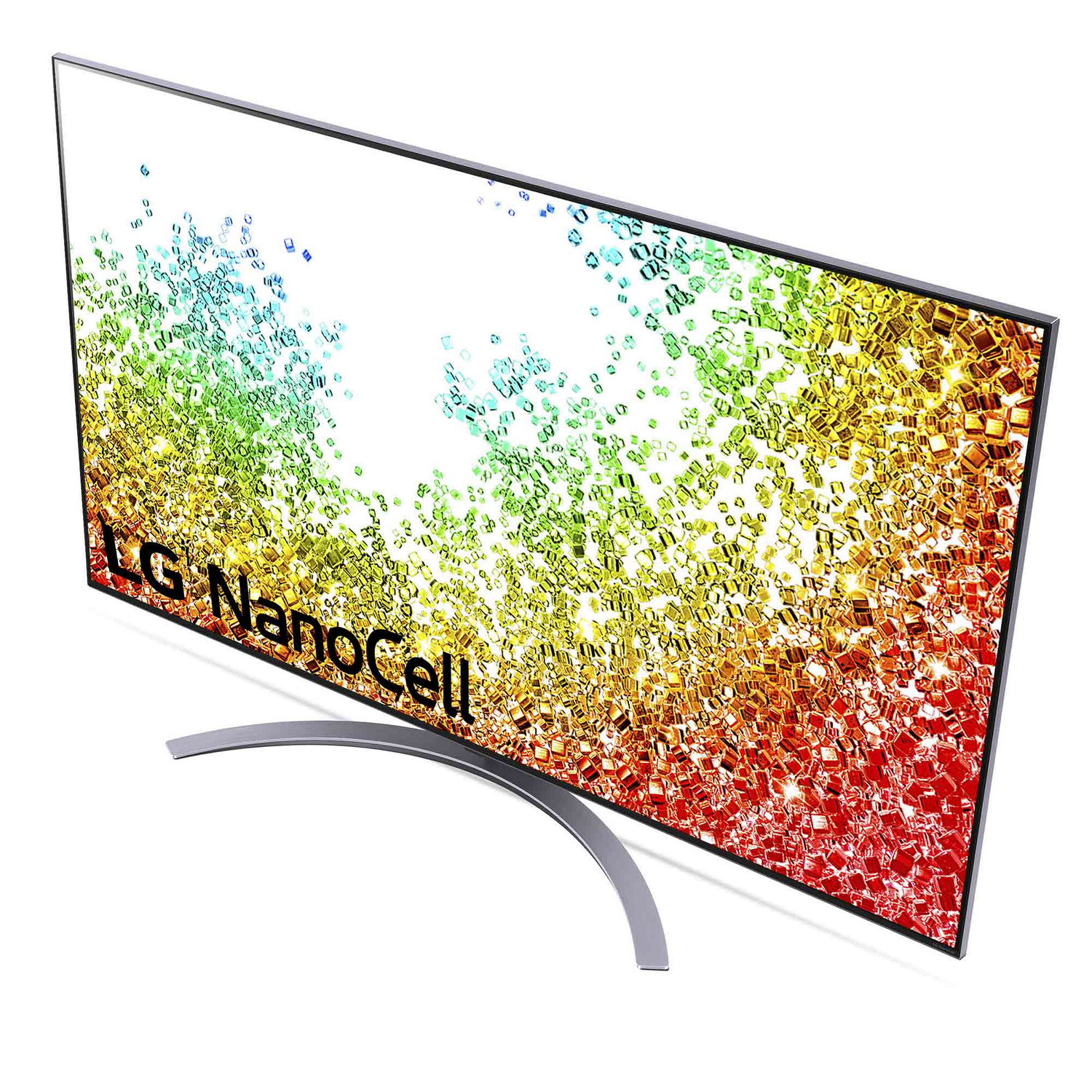 Un televisor LG NanoCell grande que muestra una pantalla abstracta colorida, con un soporte arqueado, fondo blanco.