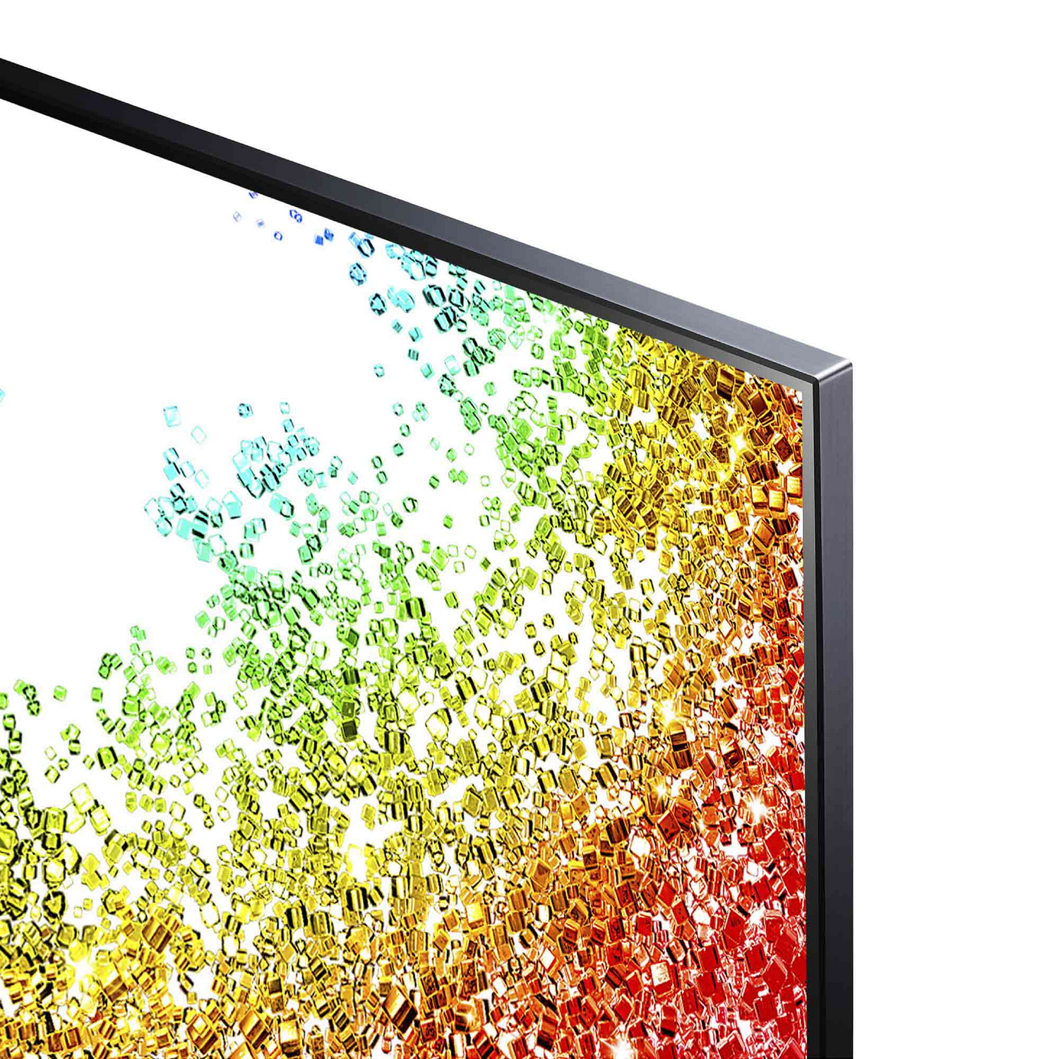 Primer plano de una pantalla de TV con un diseño pixelado y colorido.