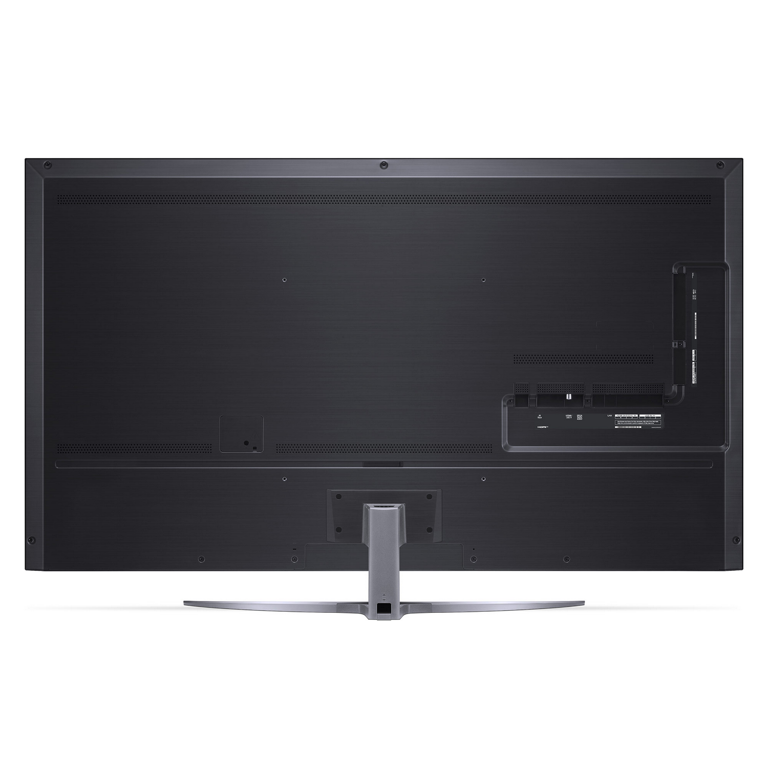 La parte trasera de un televisor LG grande con puertos y un soporte.