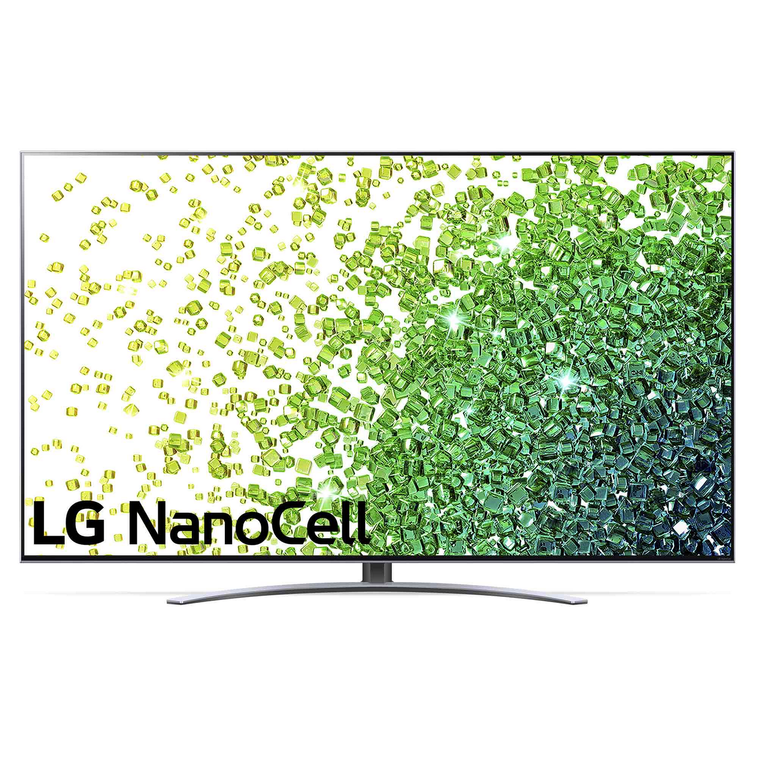 Un televisor LG NanoCell que muestra un patrón geométrico verde y azul. El logotipo de LG es visible abajo.