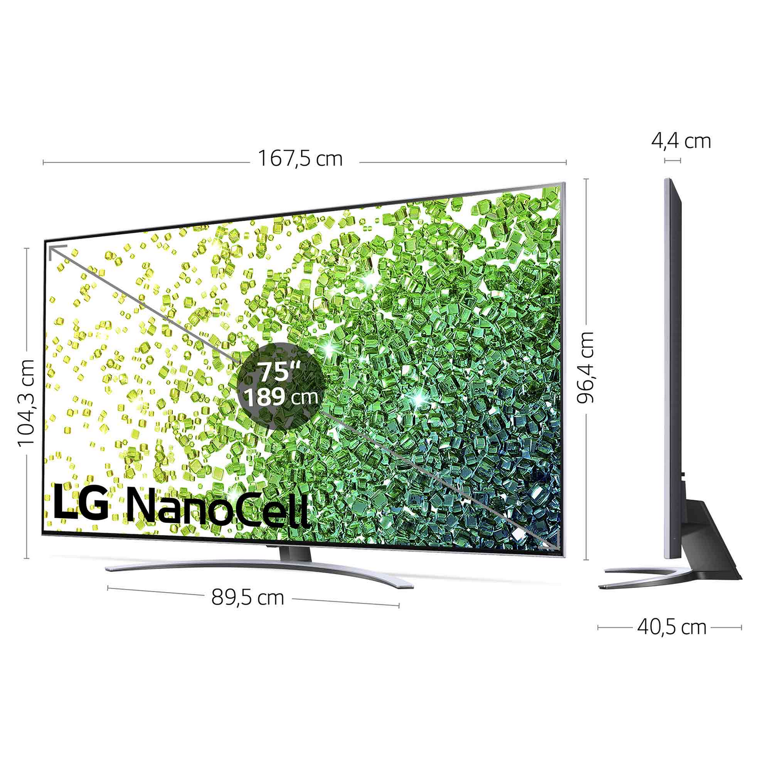 Un gran televisor LG NanoCell con dimensiones y su vista lateral.