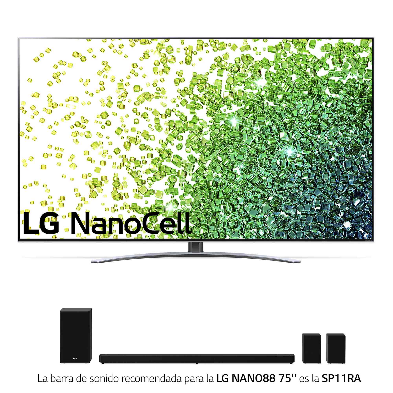 Un gran televisor LG NanoCell con una barra de sonido y altavoces debajo, texto en la parte inferior.