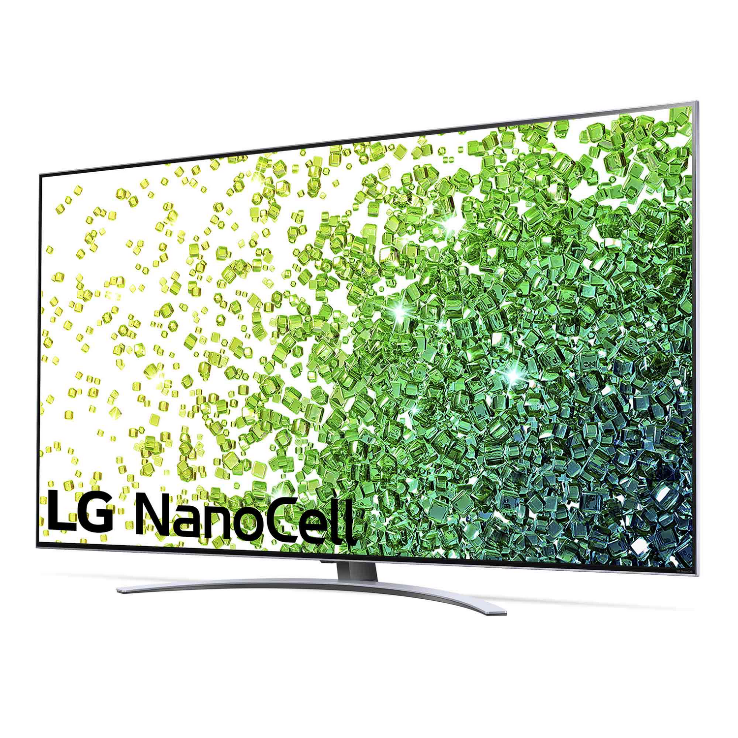 TV LG NanoCell mostrando un patrón abstracto verde sobre fondo blanco, con soporte curvo.