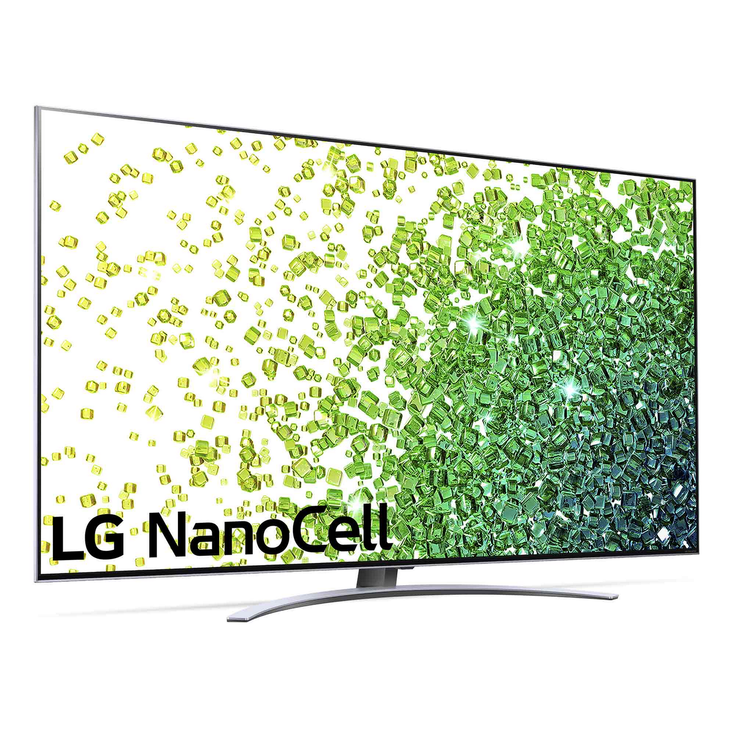TV LG NanoCell mostrando un patrón abstracto colorido, con un fondo blanco.