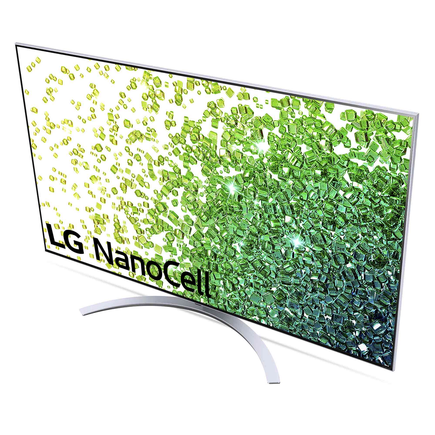 Vista de ángulo alto de una pantalla de TV moderna, con patrones abstractos verdes y blancos.