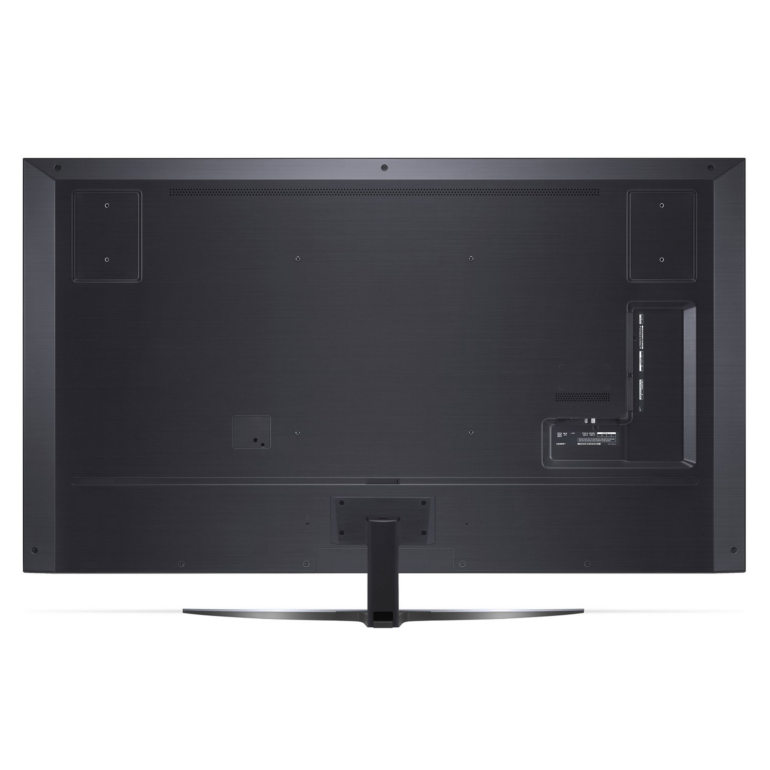 La parte trasera de un televisor negro con soporte y varios puertos, sobre fondo blanco.